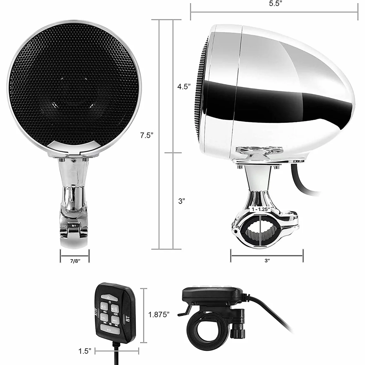 Wbudowany wzmacniacz 600 W, 11.4 cm, pełnozakresowe, wodoodporne, Bluetooth, motocyklowe, stereo, system audio z USB AUX MP3, pasuje do montażu na kierownicy od 1 do 1-1/10.2 cm (chromowany)