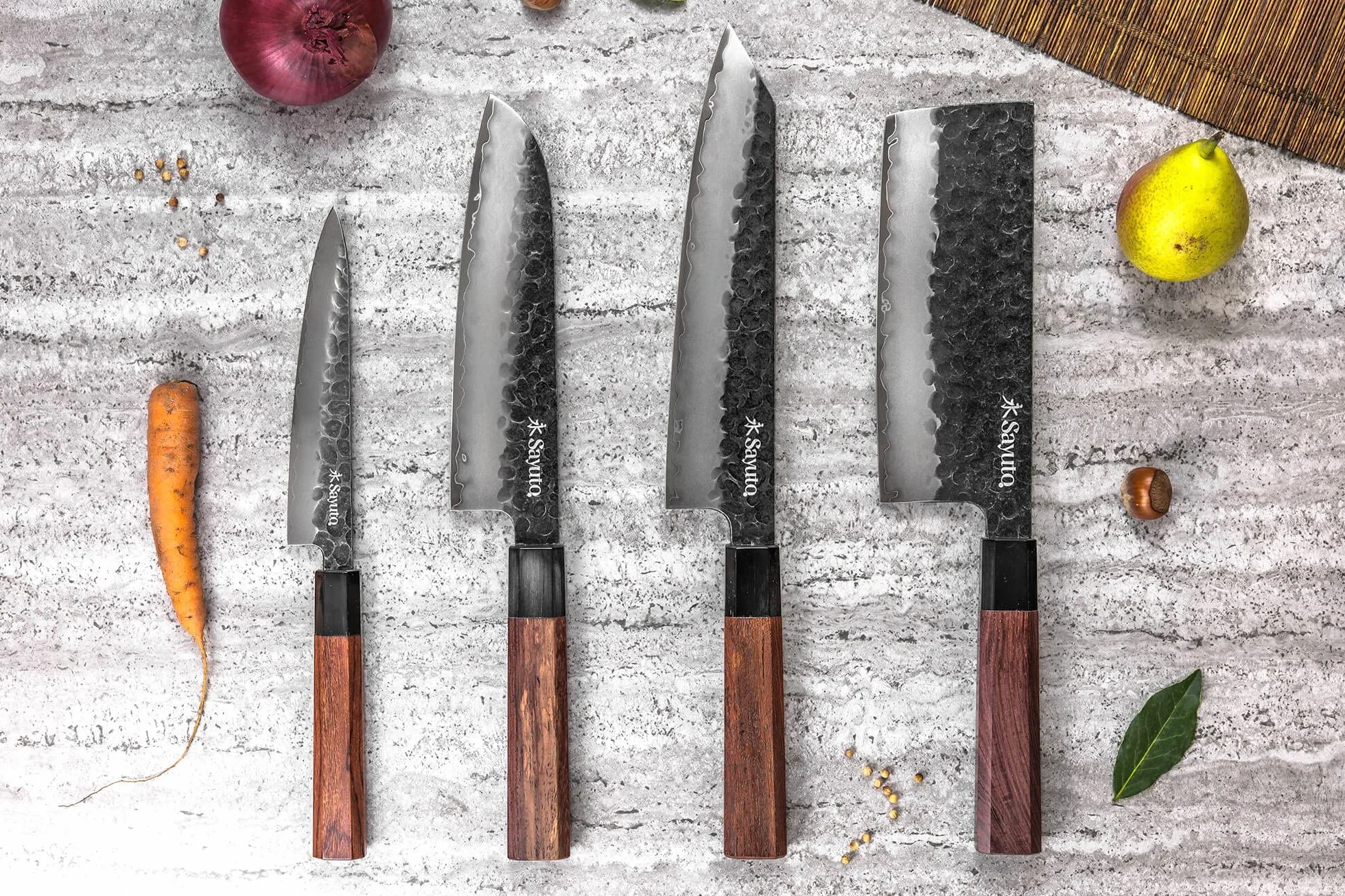Séquoia San Mai - Couteau Nakiri Design Japonais Spécial Légumes Lame 17cm 3 Couches Carbone Manche Bois de Séquoia - Vendu dans un Coffret