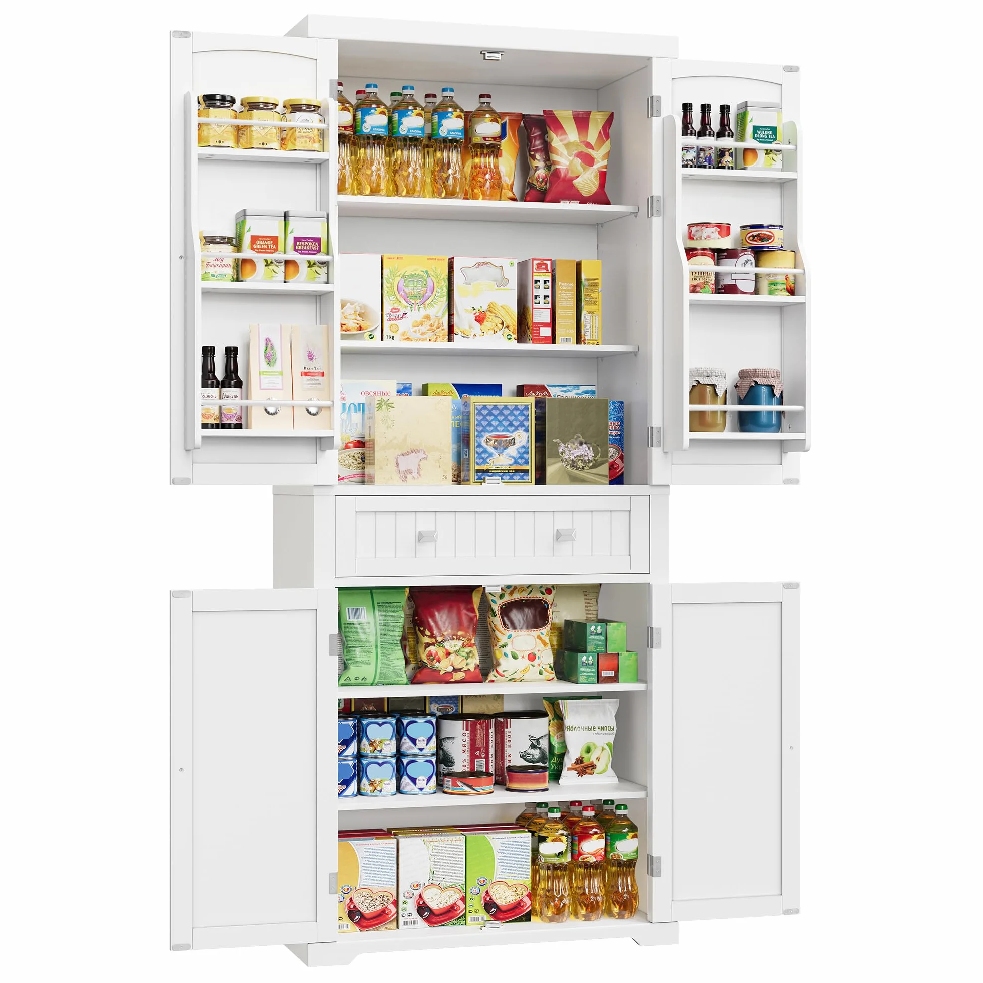 VASAGLE Buffet Haut Cuisine, Meuble de Rangement, Armoire, Vaisselier, Hauteur 182,1 cm, avec Tiroir, Placards, Étagères Réglables, pour Salon, Cuisine, Blanc BBC561W21