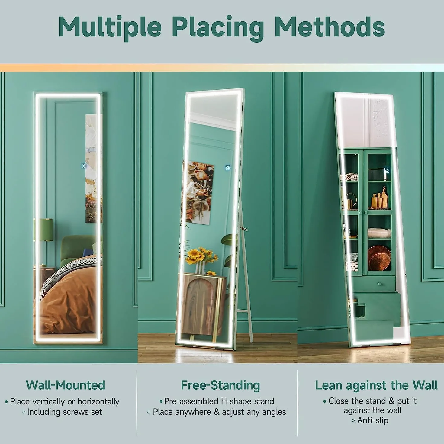 Dripex Miroir sur Pied LED 130X40cm, Miroir Mural avec éclairage, Miroir LED sur Pied, Grand Miroir intégral, 3 Réglables Couleur avec Interrupteur Tactile, pour Chambre à Coucher Salon Blanc
