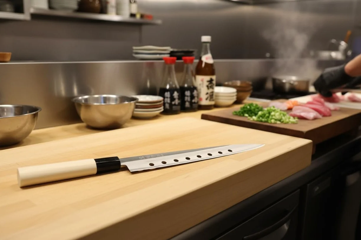 Cocktail7 Couteau Japonais Yanagiba Sashimi Sushi Couteaux de Cuisine pour Filet de Poissons Japon Acier Inoxydable Lame 21 cm Fabriqué au Japon (Avec Alvéoles)