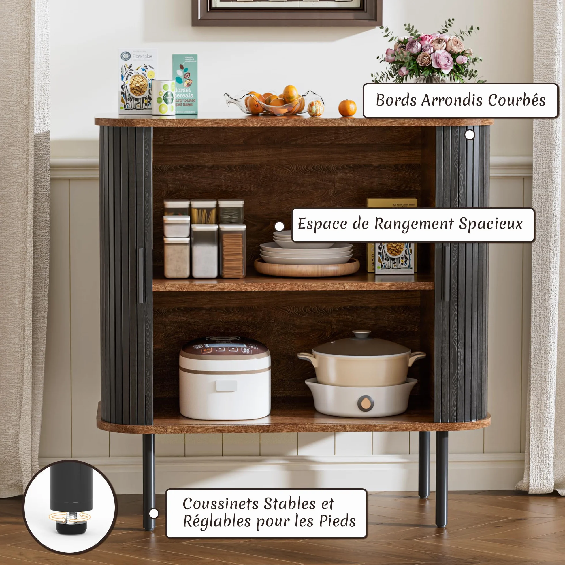 BonVache Meuble de Cuisine, Buffet à 2 Portes coulissantes, Armoire de Rangement avec étagères réglables, Buffet en Bois pour Cuisine, Salle à Manger, Salon, Noir