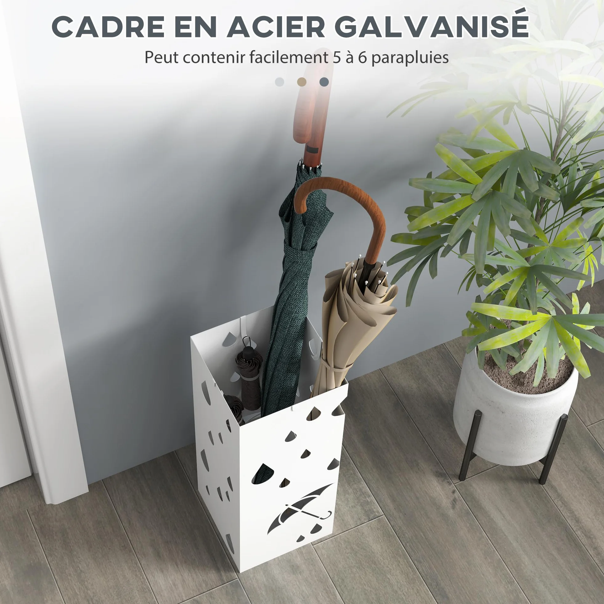 HOMCOM Porte-parapluie en acier carré 4 crochets bac récupération eau amovible 15,5x15,5x41 cm blanc