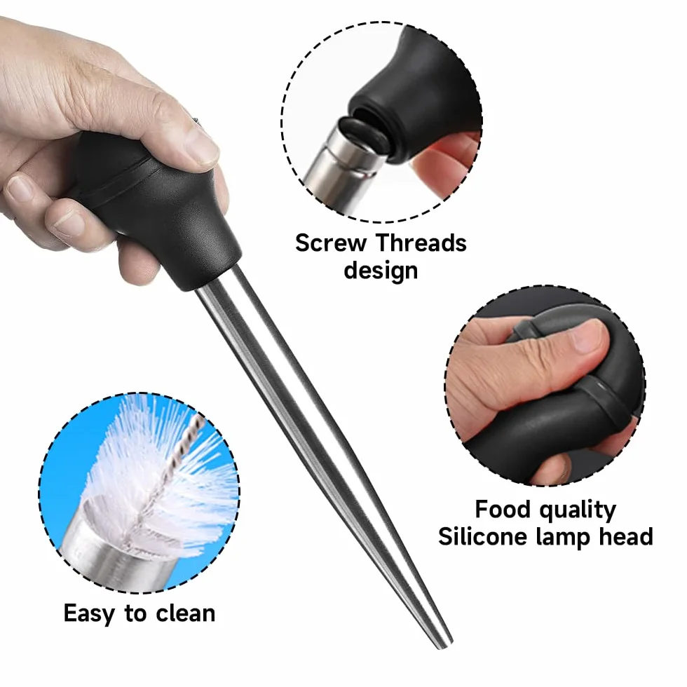 Poire à Jus en Acier Inoxydable 304 avec Aiguille d'Injection et Brosse pour Cuisson BBQ