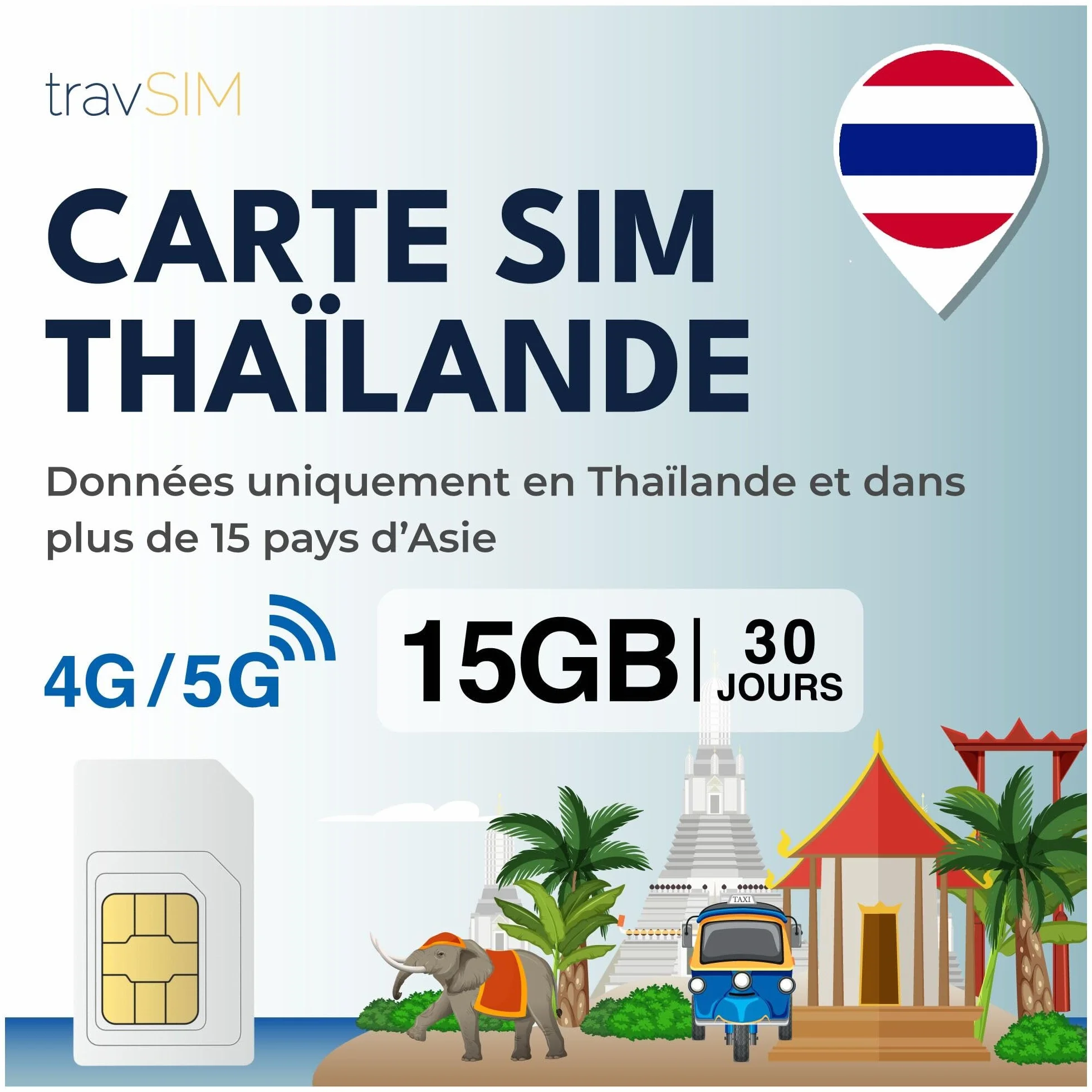 travSIM Karta SIM Tajlandia | 15 GB danych z prędkością 4G/5G | Działa na urządzeniach z systemem iOS i Android | Karta SIM dla Tajlandii jest ważna przez 30 dni.