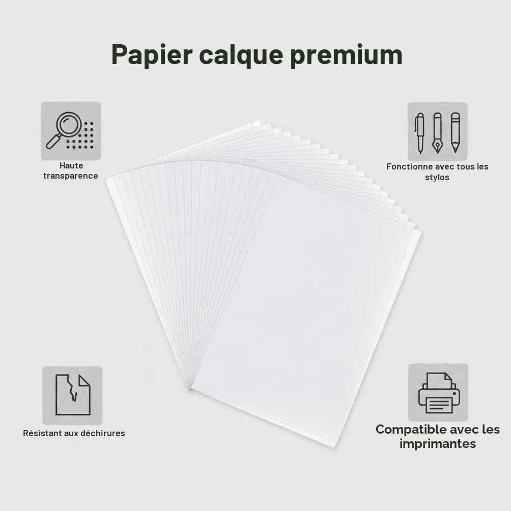 Papier Calque DIN A4 21x29,7 cm 70g Hautement Transparent 100 Feuilles pour Impression Jet d'Encre et Laser