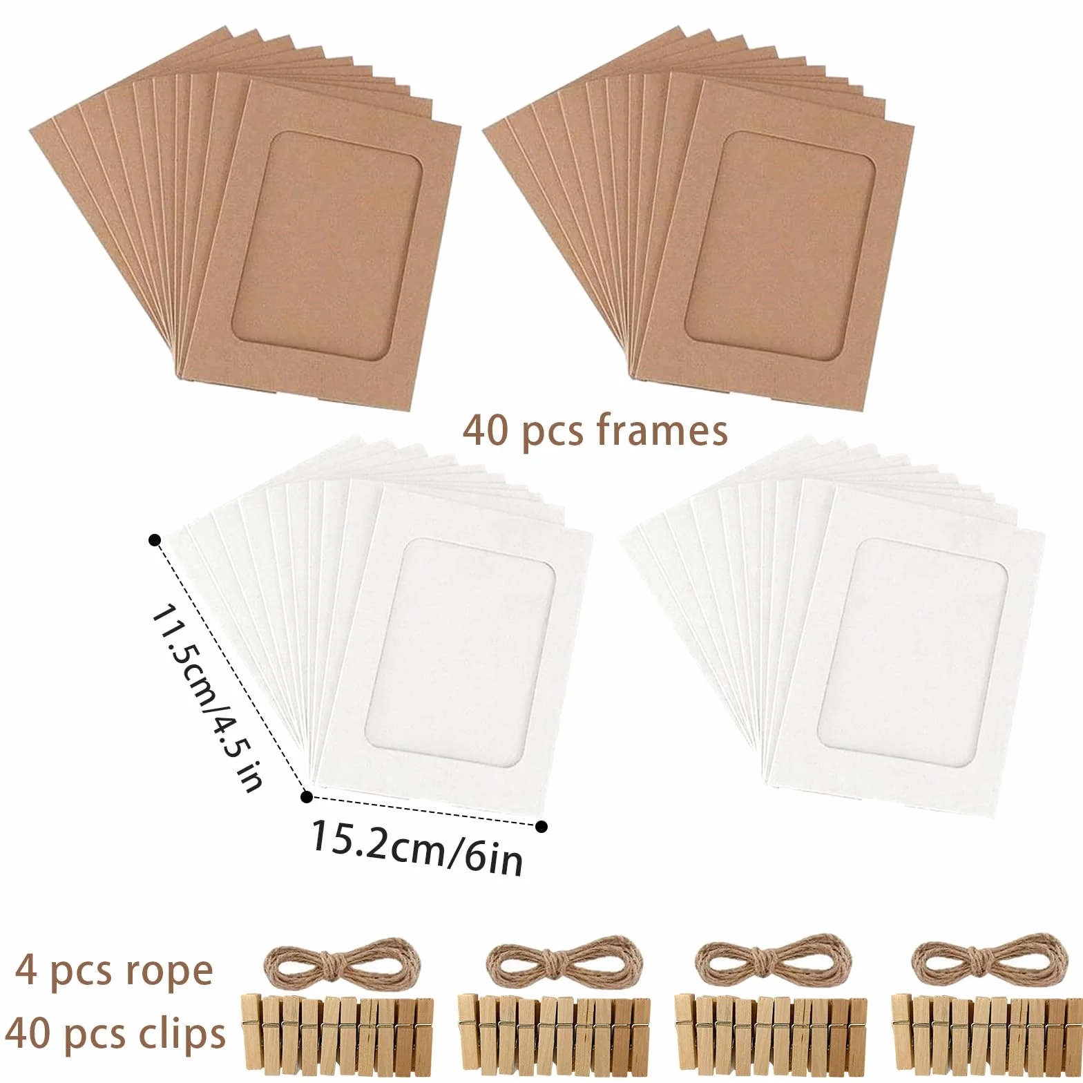 Lot de 40 cadres photo en carton papier kraft DIY 10x15 cm avec pinces en bois et cordes chanvre