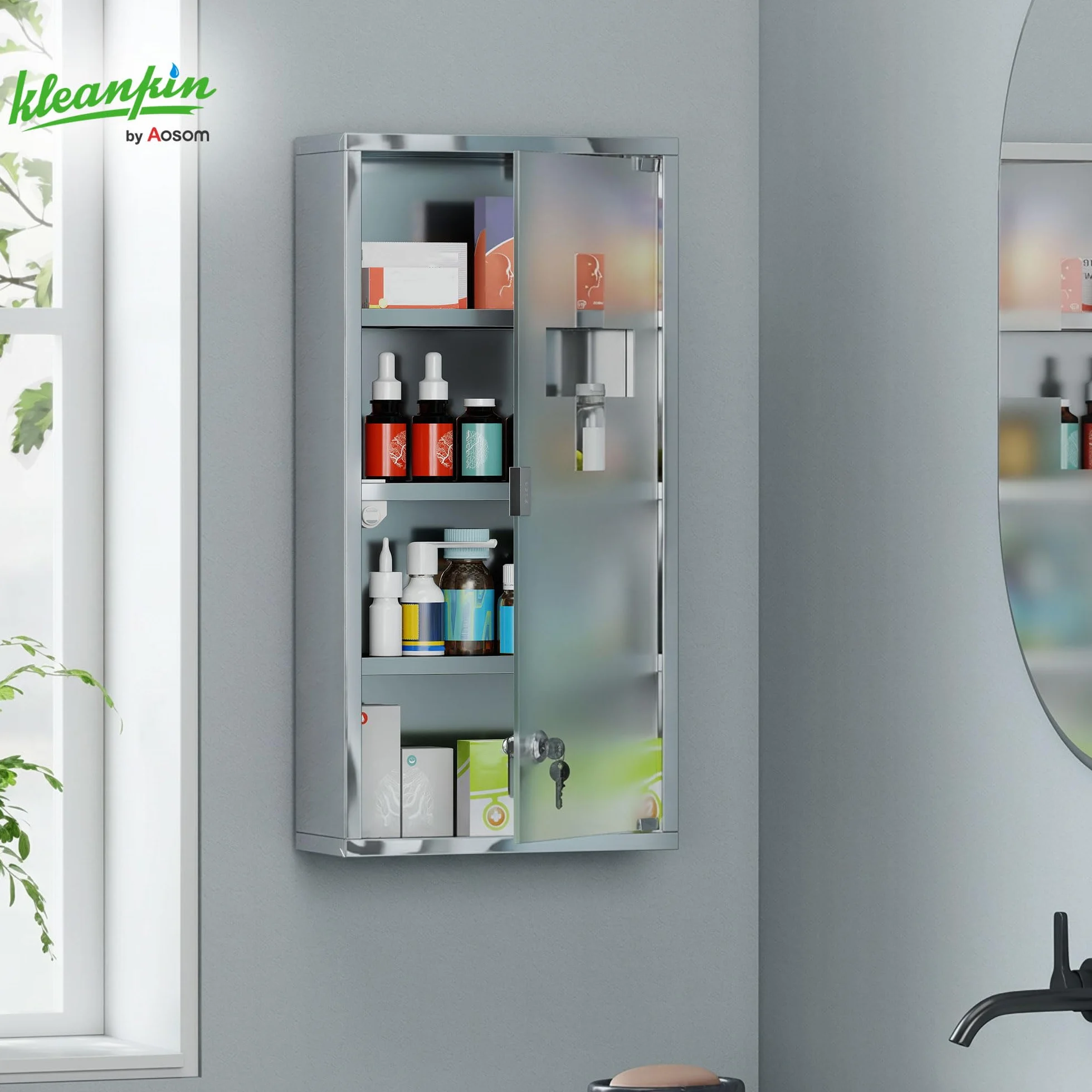 HOMCOM Armoire à Pharmacie 3 étagères 4 Niveaux 30L x 12l x 60H cm Porte Verre trempé Symbole Croix Acier Inoxydable brossé