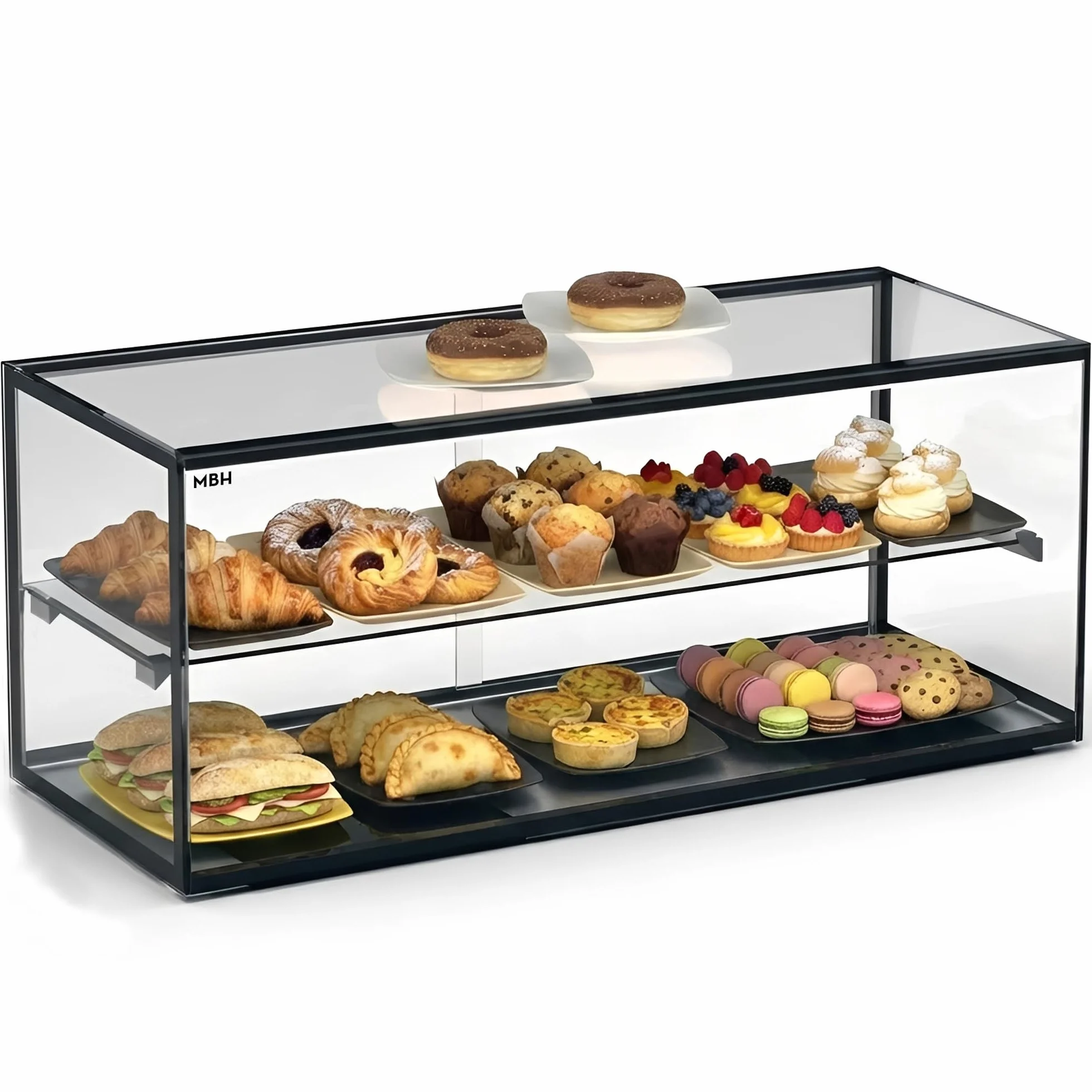 MBH - Vitrine neutre de comptoir 92x39 cm, vitrage droit trempé, 2 niveaux, sans éclairage LED, portes arrière coulissantes, pour bar, café, restaurant, viennoiseries et pâtisserie.