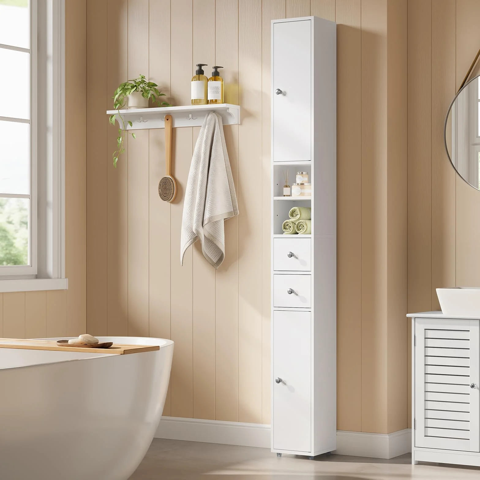EUGAD Meuble Colonne de Salle de Bains, Armoire Rangement WC avec 2 Tiroirs, 2 Portes, Étagères Réglables et Compartiments Ouverts, Blanc, 20x20x180cm