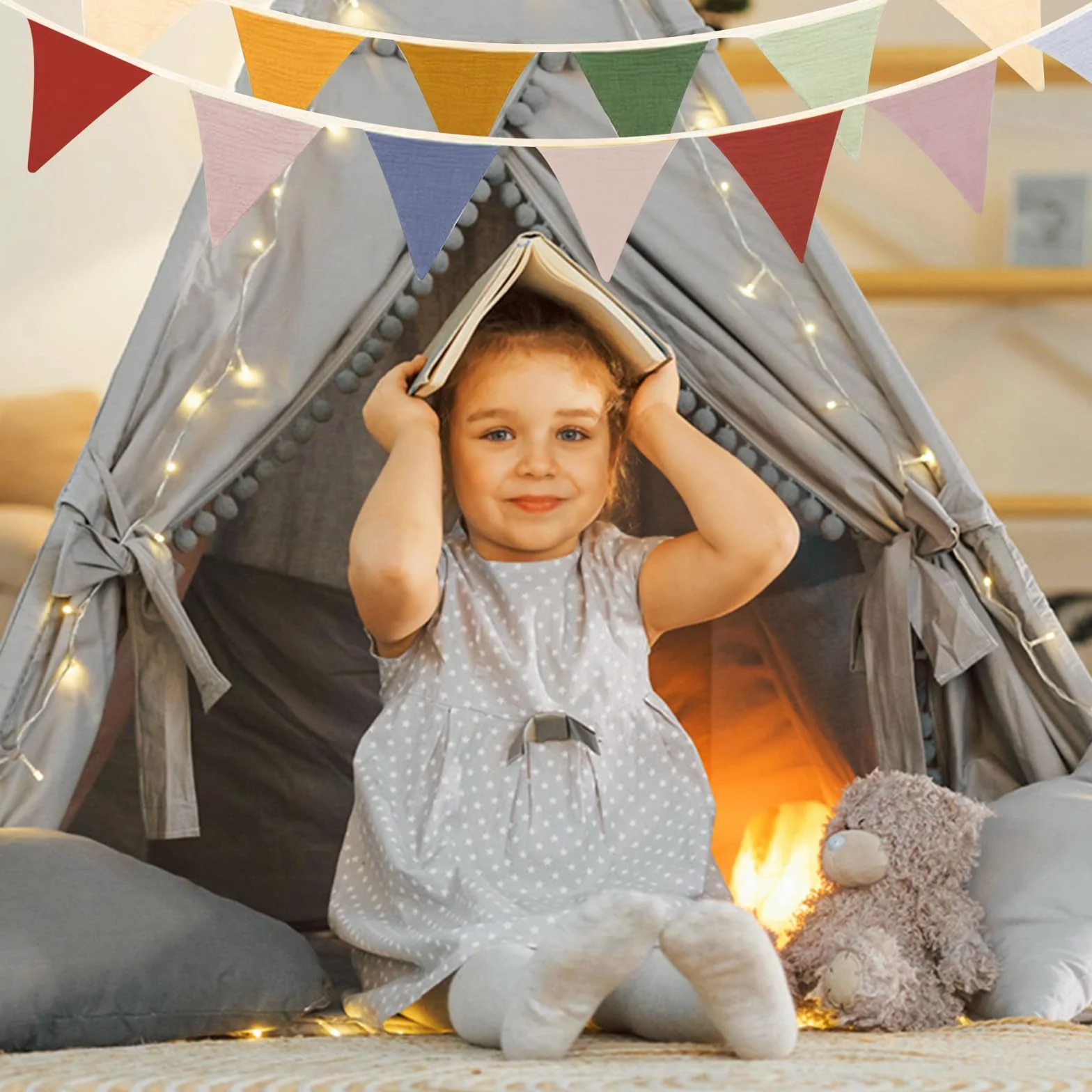 Chaîne de Fanions en Tissu pour Chambre d'enfant, Décoration Murale MorandiVert