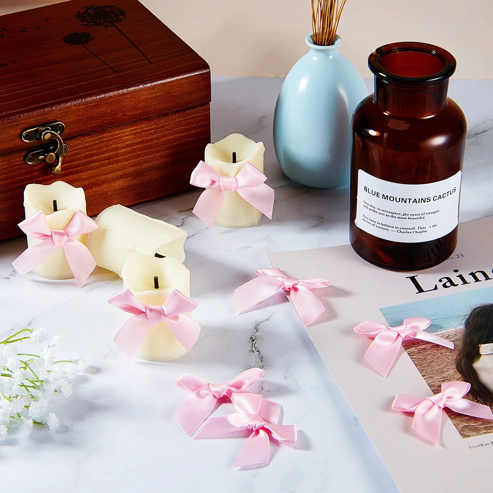Rubans Nœuds en Satin Auto-Adhésifs 5 cm pour DIY Artisanat Décoration Mariage Noël (Rose)
