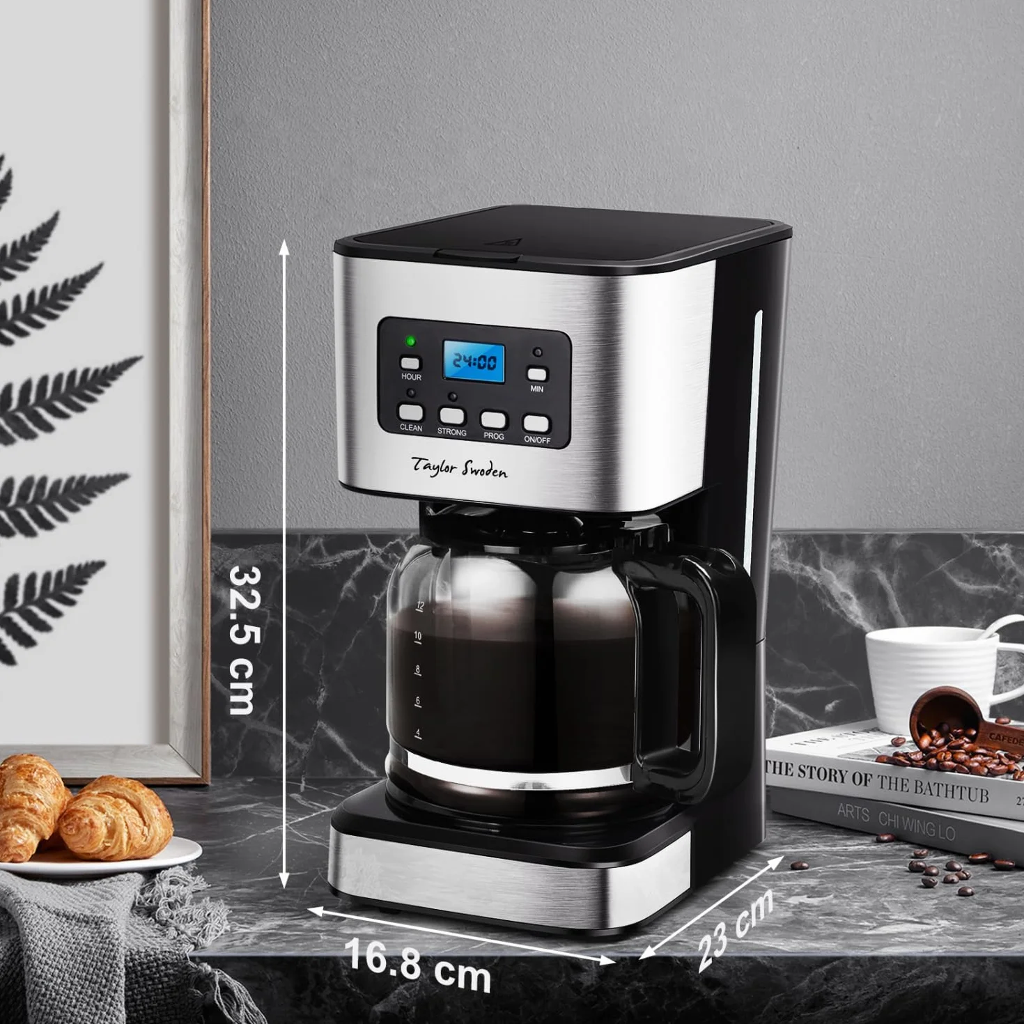 Taylor Swoden Cafetiere Filtre, Programmable 24h Cafetiere Electrique 1,5L à 12 tasses, Machine a Cafe Maintien au Chaud et Anti-Goutte 40 Min, Infusion Rapide, 950W, 0% BPA, Noir - Darcy