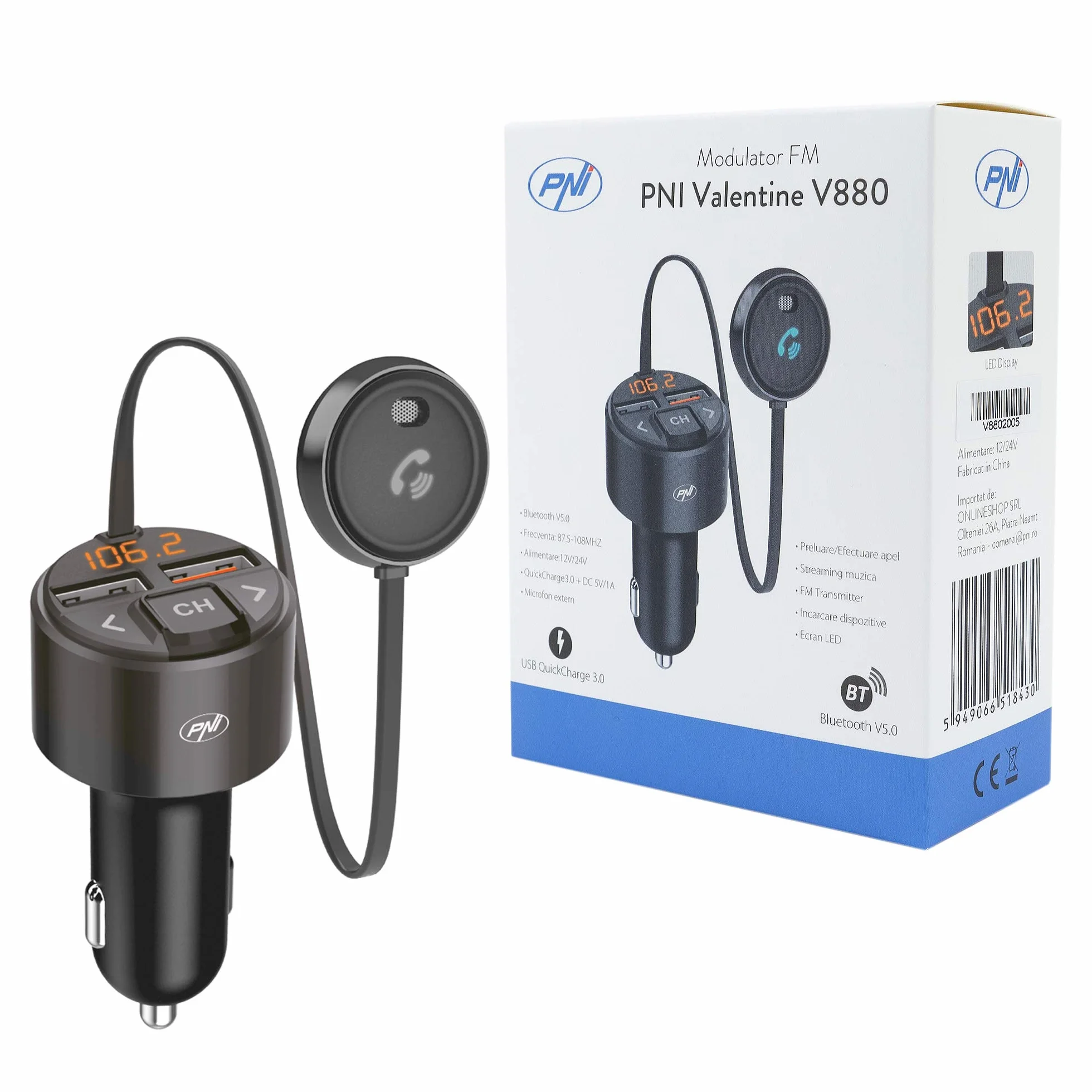 PNI PNI-V880 Valentine V880 modulator z mikrofonem, Bluetooth 5.0, odtwarzacz MP3, nadajnik FM, dwa porty USB, szybkie ładowanie urządzeń mobilnych przez QC3.0, kompatybilny z Siri i Google Assistant