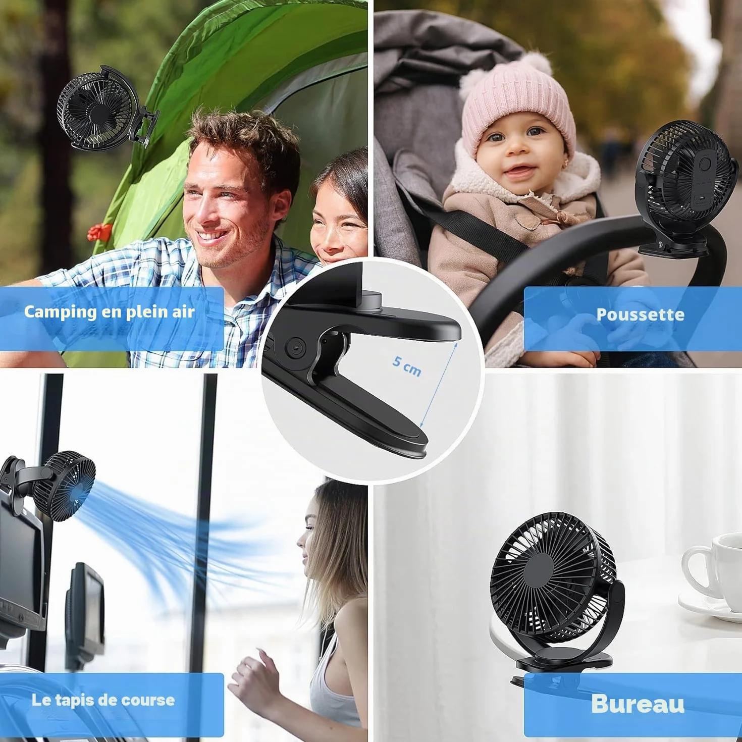 ATEngeus ventilateur Pince USB 5 inch avec batterie 5000 mAh, Portable Petit Ventilateur de Bureau, 3 vitesses, double rotation à 360°, avec câble USB, convient pour les familles, les bureaux