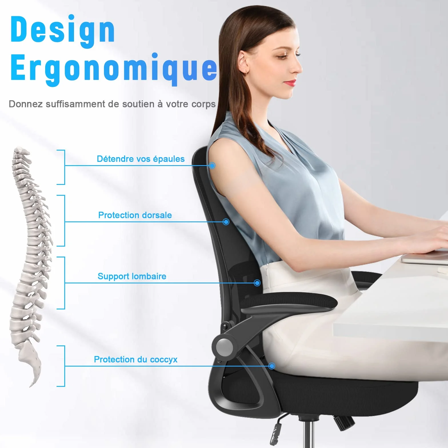 Fauteuil de Bureau en Maille Respirante avec Accoudoir Relevable et Soutien Lombaire, Noir