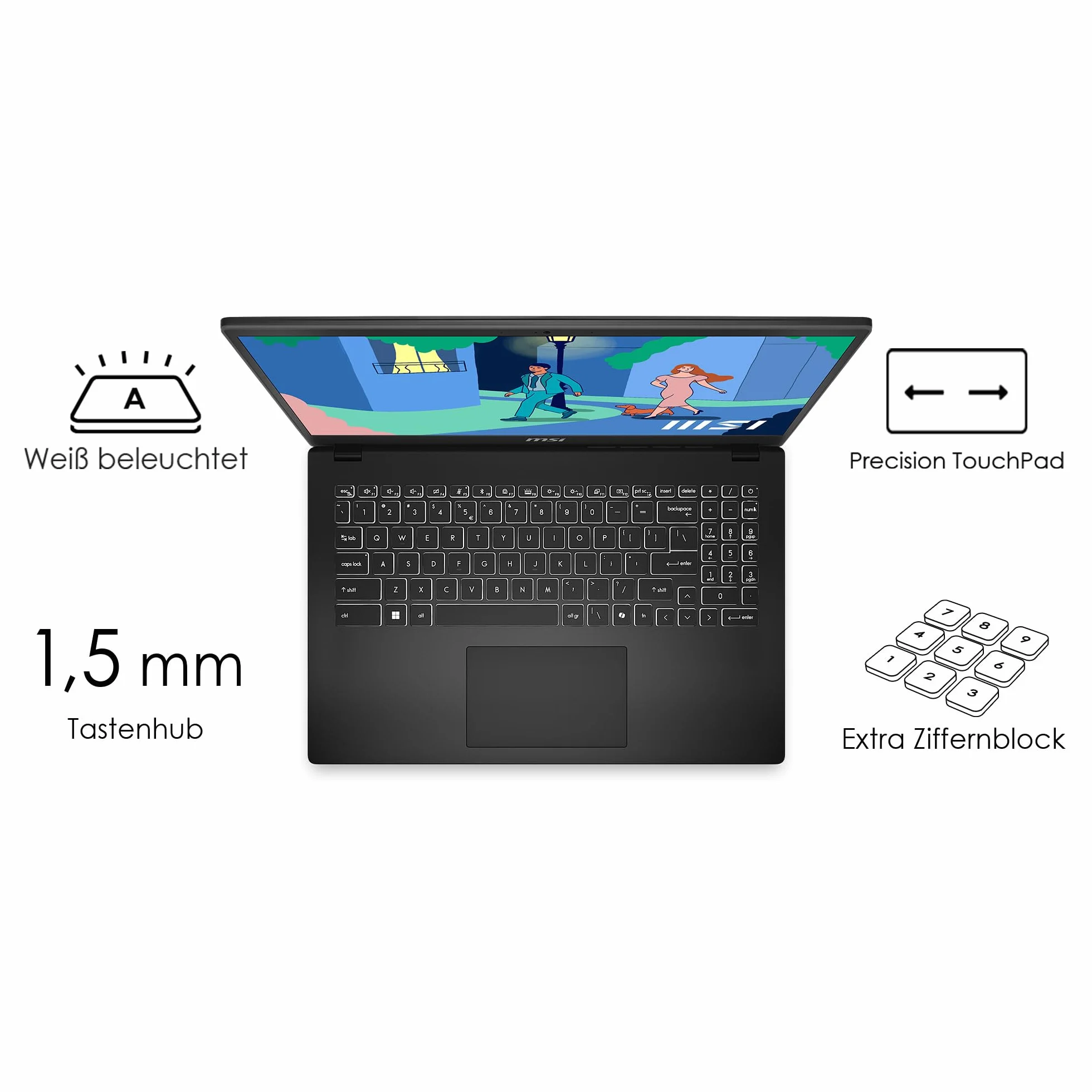 MSI Nowoczesny laptop 15 Lifestyle & Business 15,6", wyświetlacz Full HD, procesor AMD Ryzen 5 7530U, 16 GB DDR4 RAM, 512 GB SSD, AMD Radeon Graphics, Windows 11 Home, czarny, B7M-284 ,DE QWERTZ