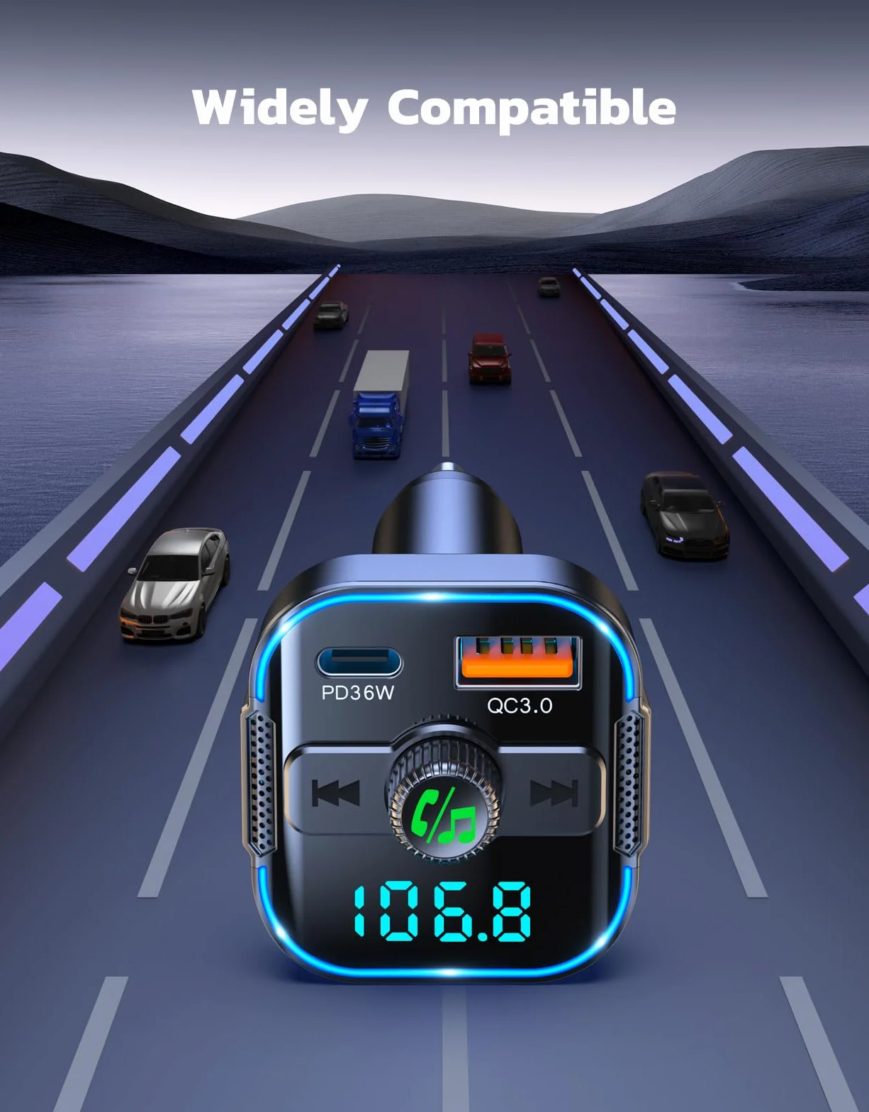 Glangeh 2026 najnowszy adapter samochodowy Bluetooth 5.3 【PD 36W+QC3.0 18W】, nadajnik FM Bluetooth 2 w 1 【Podwójne silniejsze mikrofony】 i szybka ładowarka samochodowa, bezprzewodowy adapter wejścia