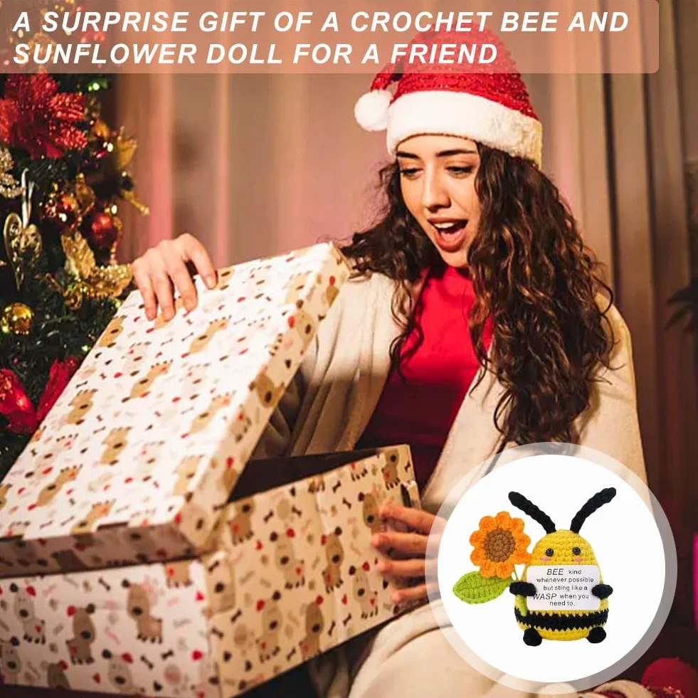 Poupée abeille au crochet faite à la main avec tournesol, peluche positive pour décoration de bureau, cadeau d'encouragement