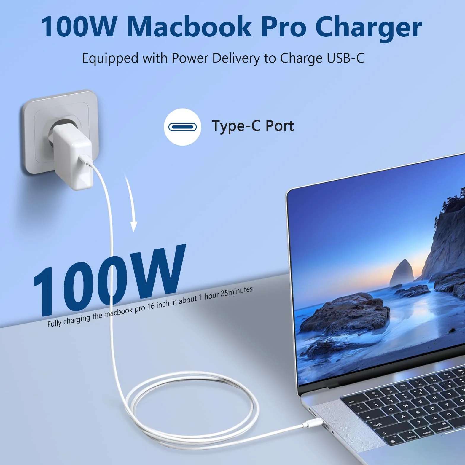 Chargeur USB-C Rapide 100 W Compatible MacBook Air Pro M1 M2 M3 M4 13-16 Pouces Adaptateur Voyage Type-C Câble 1,8 m