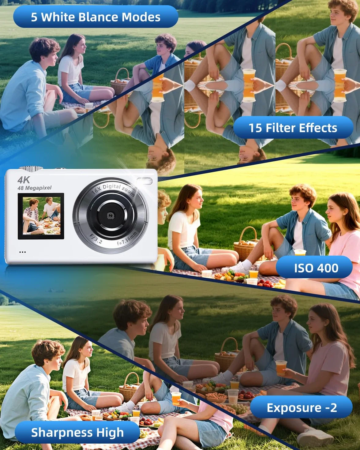 ARNSSIEN Aparat Cyfrowy Podwójnym Ekranem, Autofokus 4K 48MP, Kamera Vlogowa dla Dzieci i Początkujących, z Kartą 32GB, 16X Zoom, Stabilizacja Obrazu, Idealny Prezent dla Chłopców i Dziewcząt,Y5