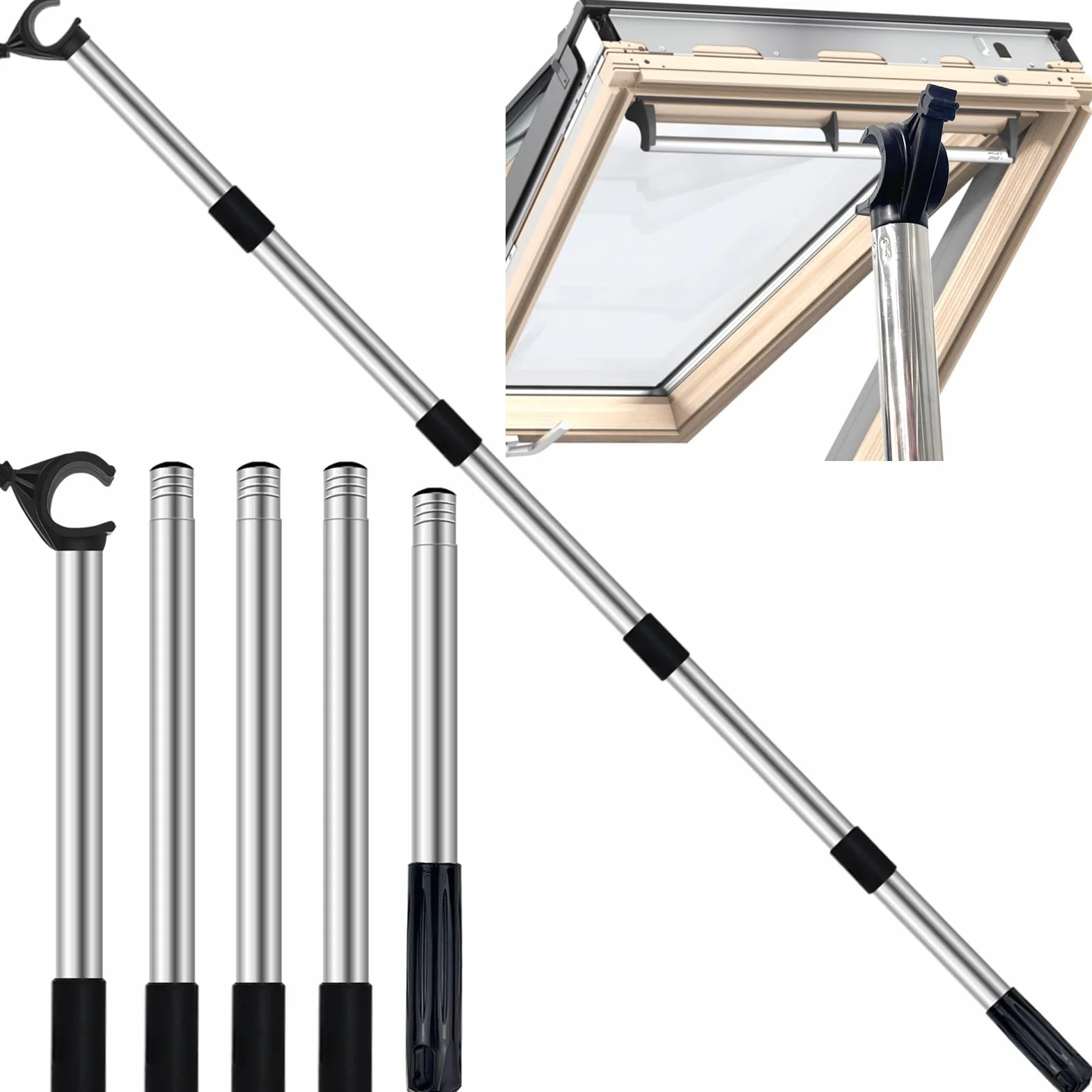 Canne Télescopique Acier Inoxydable pour Fenêtre de Toit Store, Perche avec Crochet Universel Extensible 186 cm