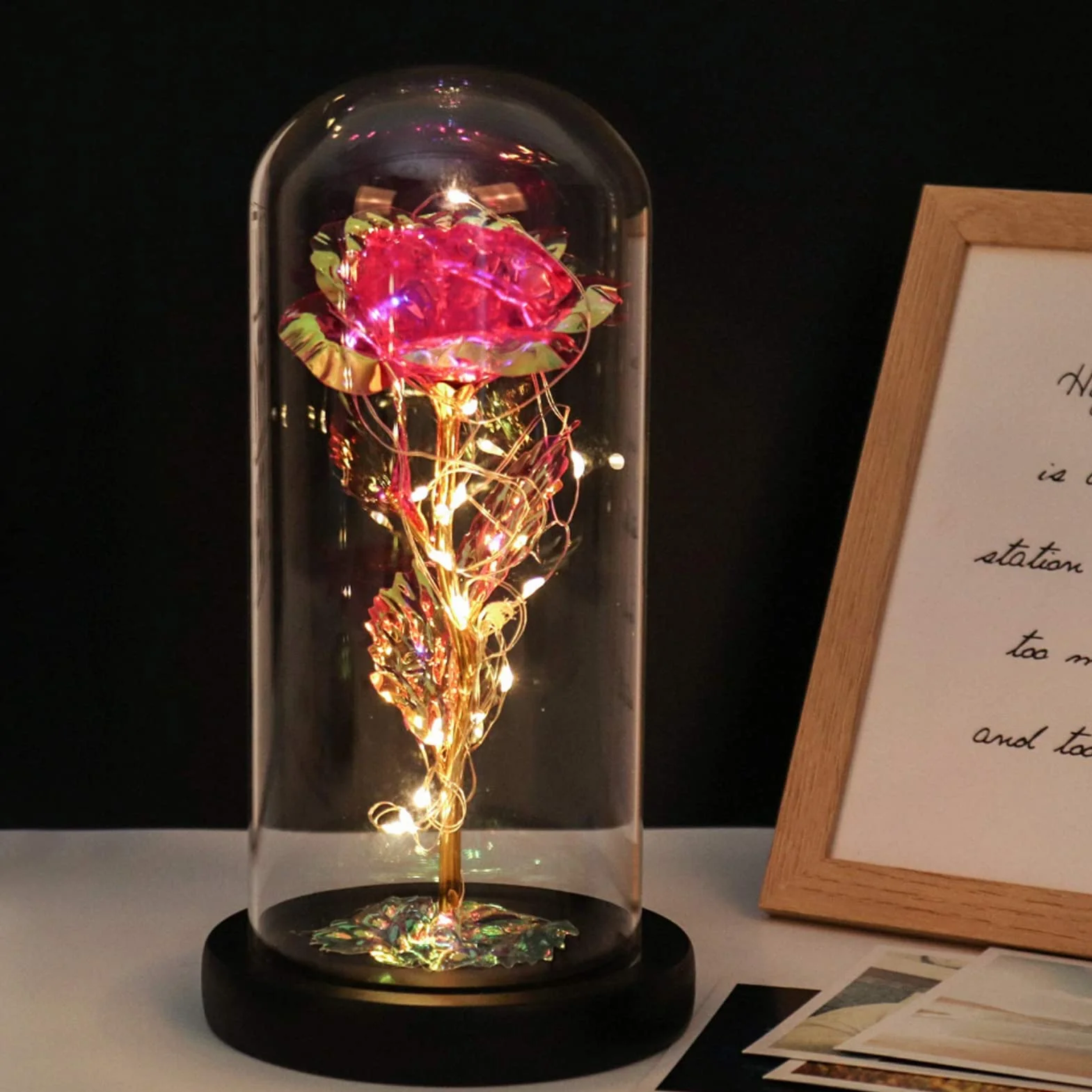 Rose Eternelle sous Cloche Galaxy Rose La Belle et la Bête avec LED Lumières Cadeau Fête des Mères pour Femmes