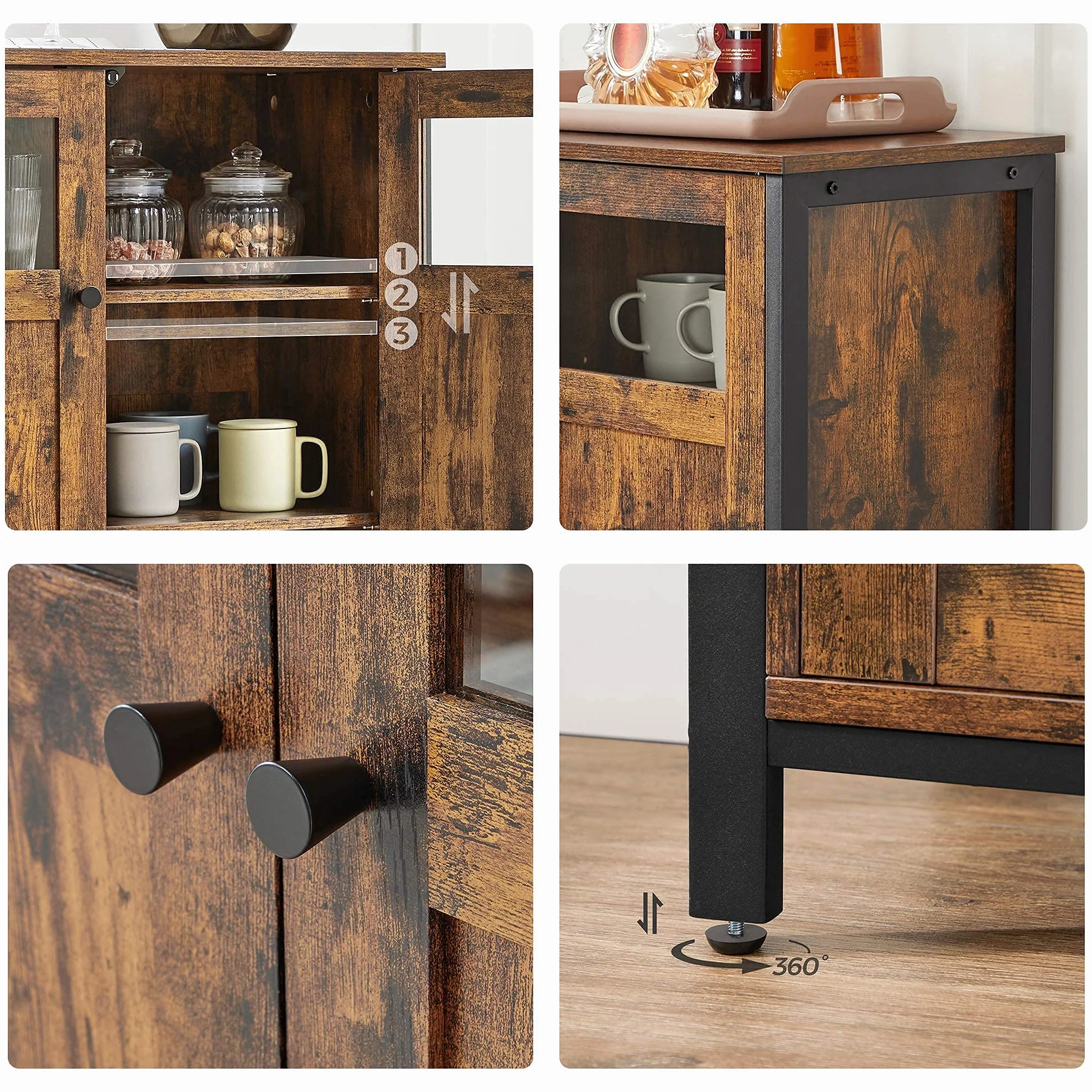 VASAGLE Meuble de Rangement, Buffet, avec Placard 3 Portes, pour Salle à Manger, Salon, Cuisine, entrée, Cadre en Acier, Style Industriel, Marron Rustique et Noir d'encre LSC099B01
