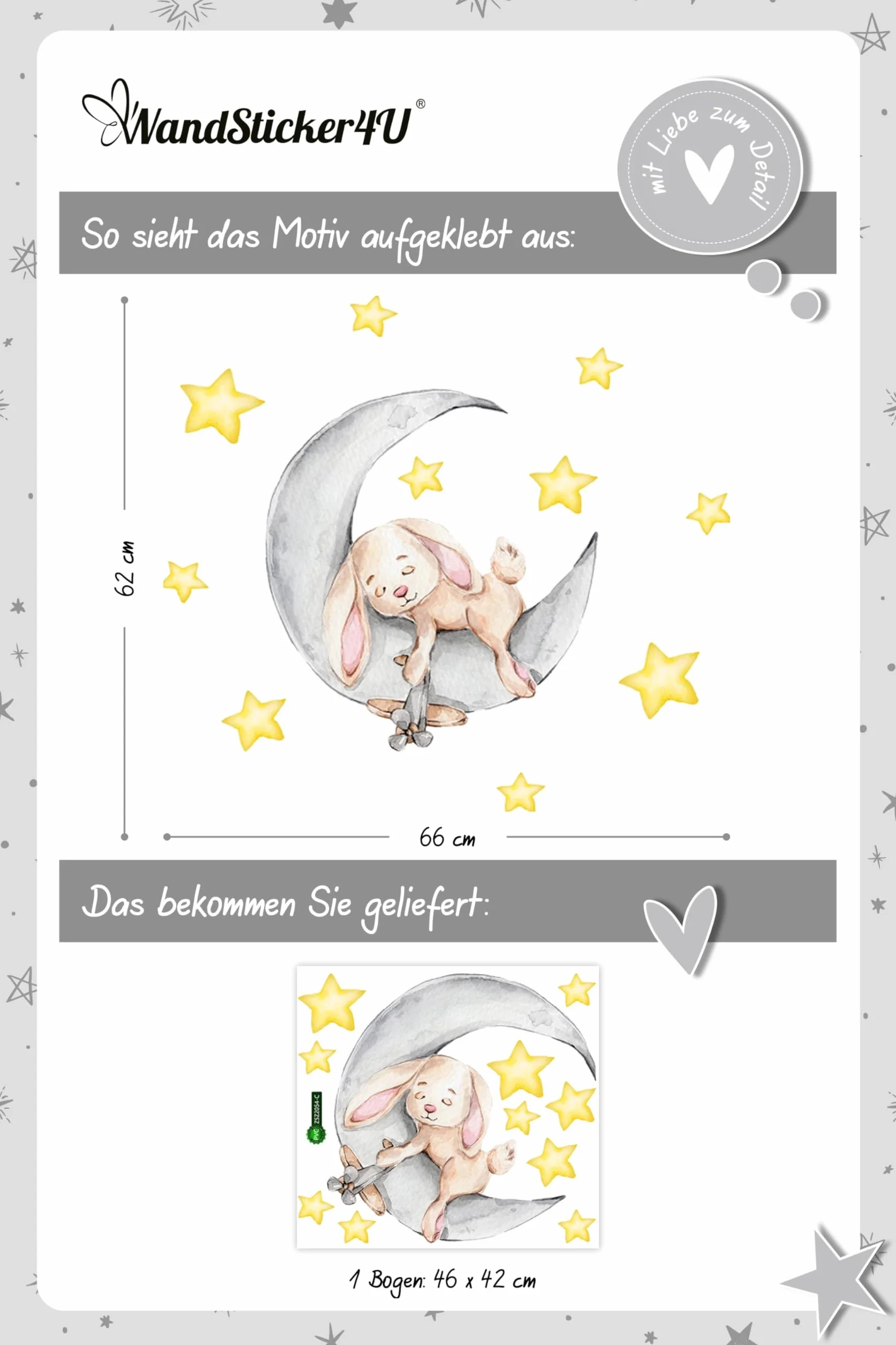 WandSticker4U Stickers Muraux Enfants LAPIN SUR LA LUNE 58x48 cm Autocollants Décoratifs Animaux Forêt Étoiles