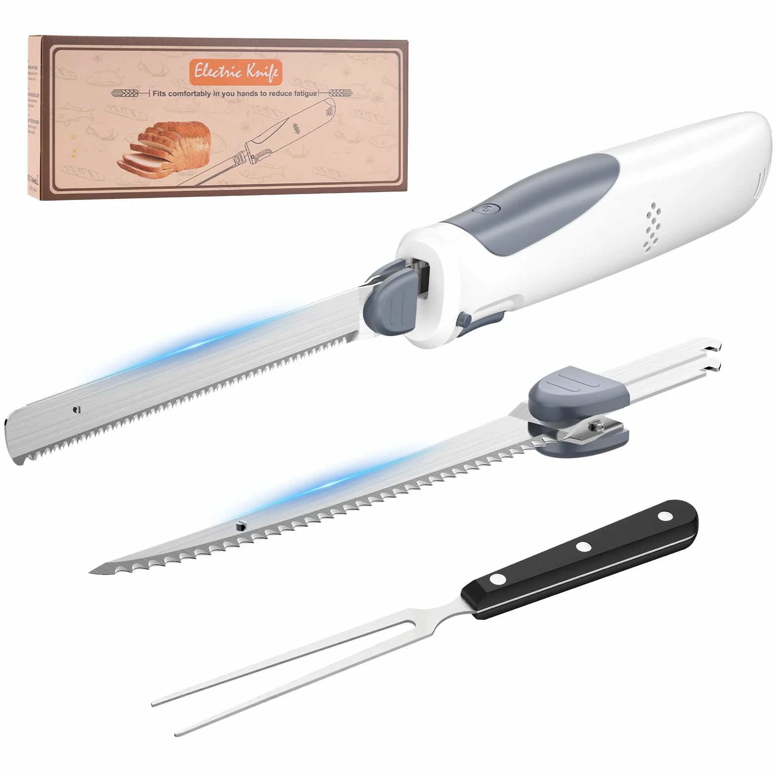 PAHTTO Couteau électrique, Couteau de cuisine sans fil avec 2 lames en acier inoxydable et fourchette, Couteau à fileter 8 V avec verrouillage de sécurité, pour la viande, le poisson, le pain, etc.