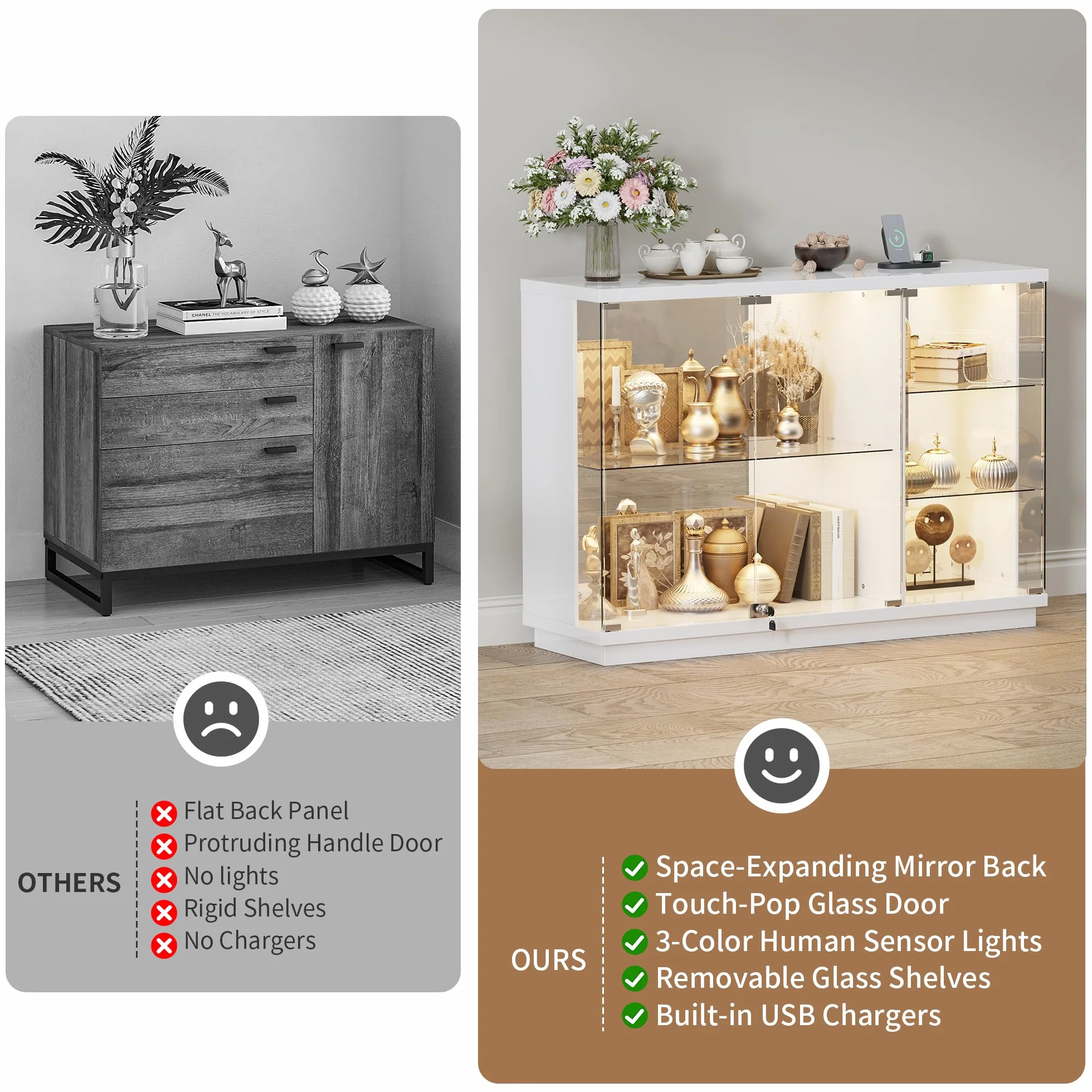 Vitrine pour Collection avec éclairage LED - Portes Vitrées Verrouillables,Vitrine en Verre avec Capteurs,Vitrines de Collection à 3 Niveaux Vitrines pour Salon,Chambre,Blanc