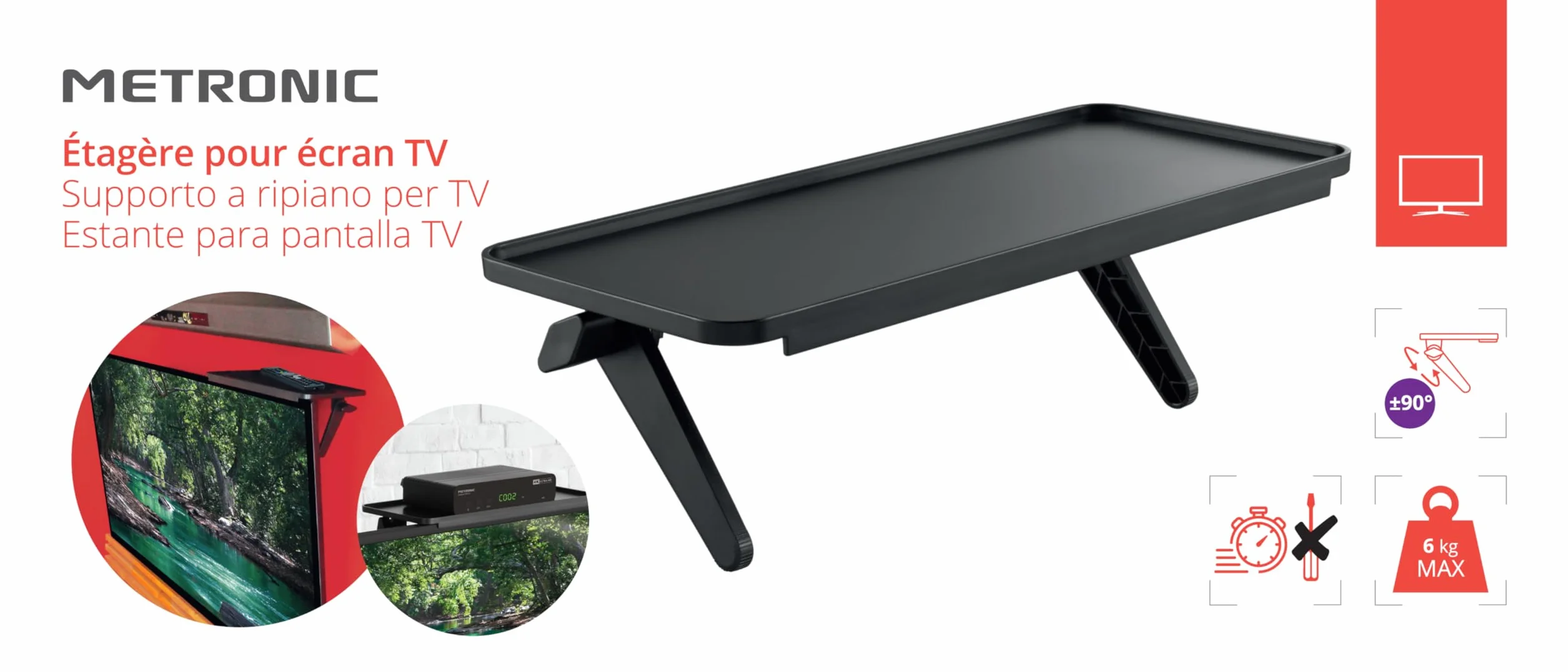 METRONIC 451074 Etagere pour TV Support Ecran Moniteur Tablette Decodeur Plateau Superieur Boitiers Multimedias Haut-parleurs Noir