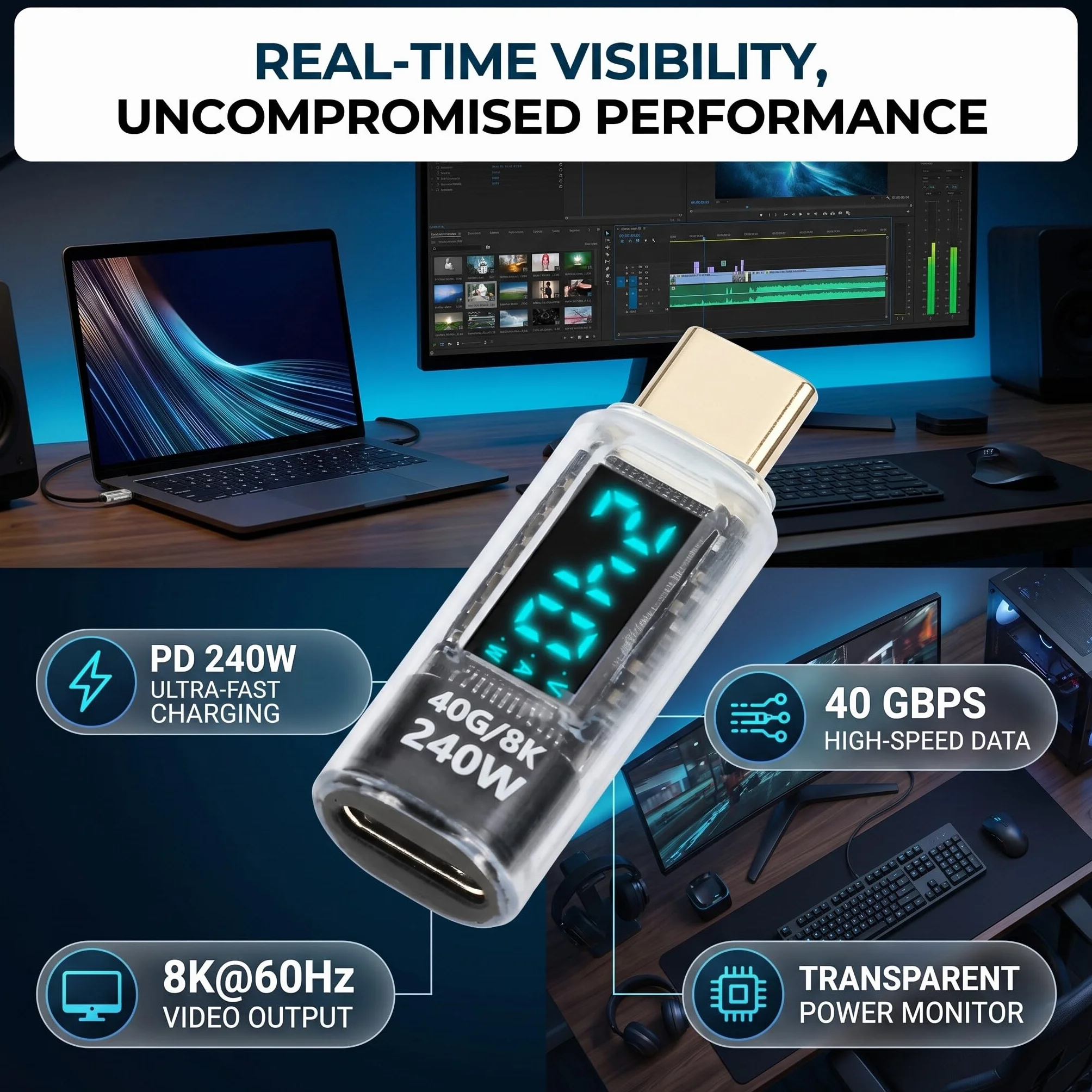 Miernik Mocy Adaptera USB C, Tester Miernika Mocy Adaptera USB C, PD240W 60 Hz 40 Gb/s 8 K Wykryj Napięcie Prądu Zasilania, Adapter Przedłużający USB C Męski na żeński.