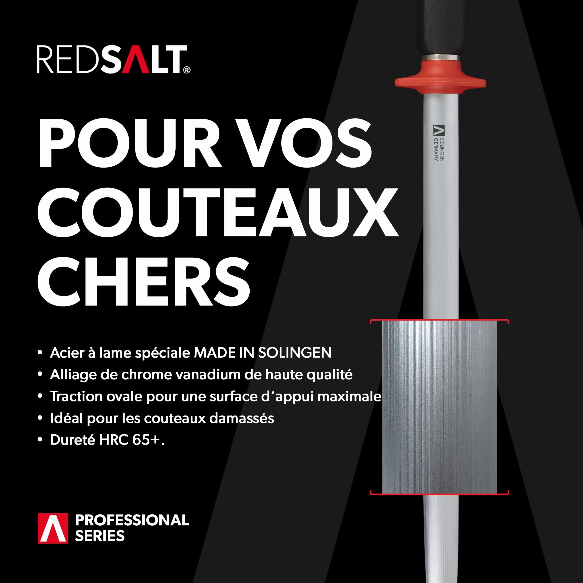 REDSALT® Premium fusil à aiguiser 30cm ovale micro-fin saphir pour couteaux de haute qualité | HRC 65 acier chrome vanadium Made in Germany | Aiguiseur professionnel, manche ergonomique