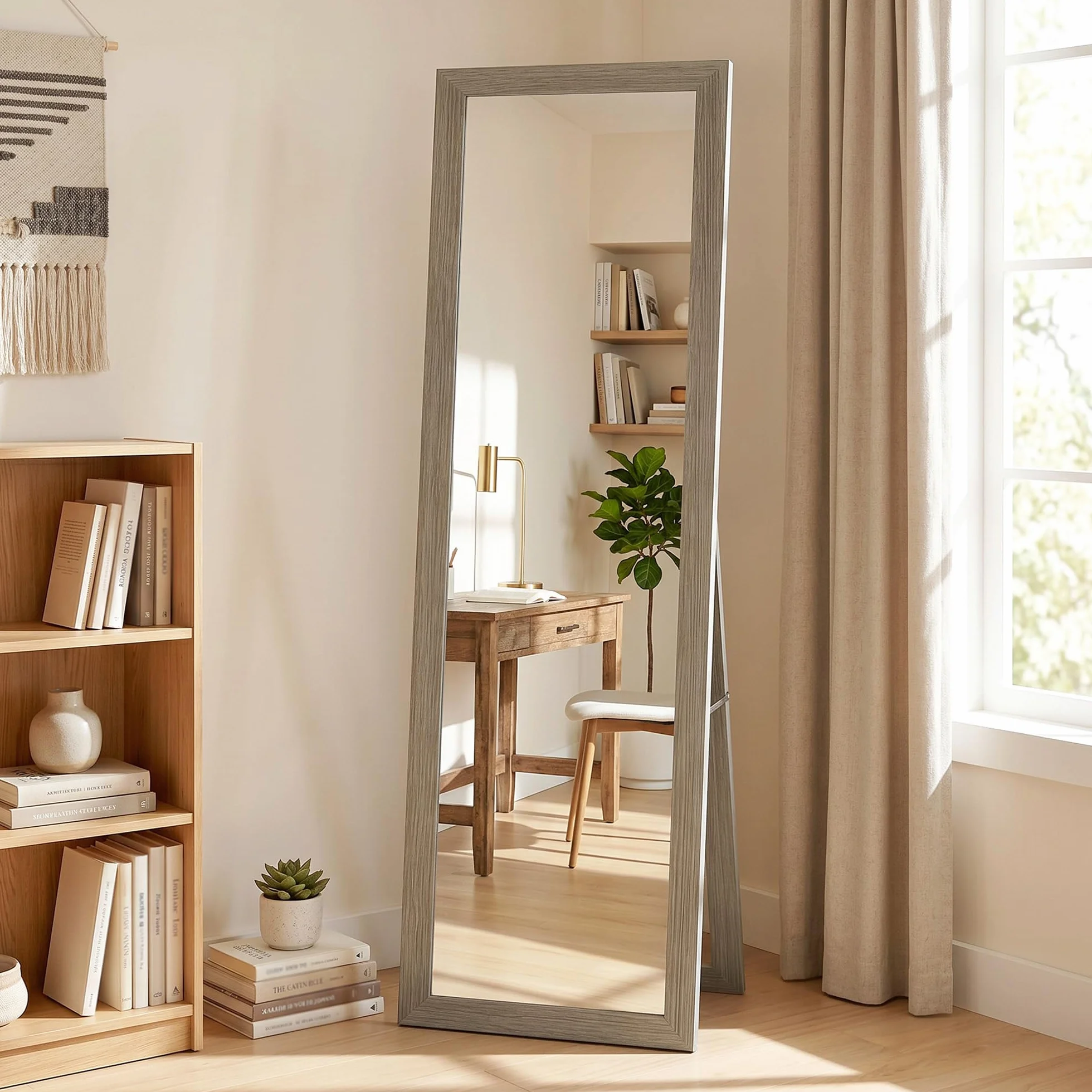 HOMCOM Miroir Rectangulaire sur Pied Mural ou à Poser avec Cadre en Bois 37 x 157 cm Gris