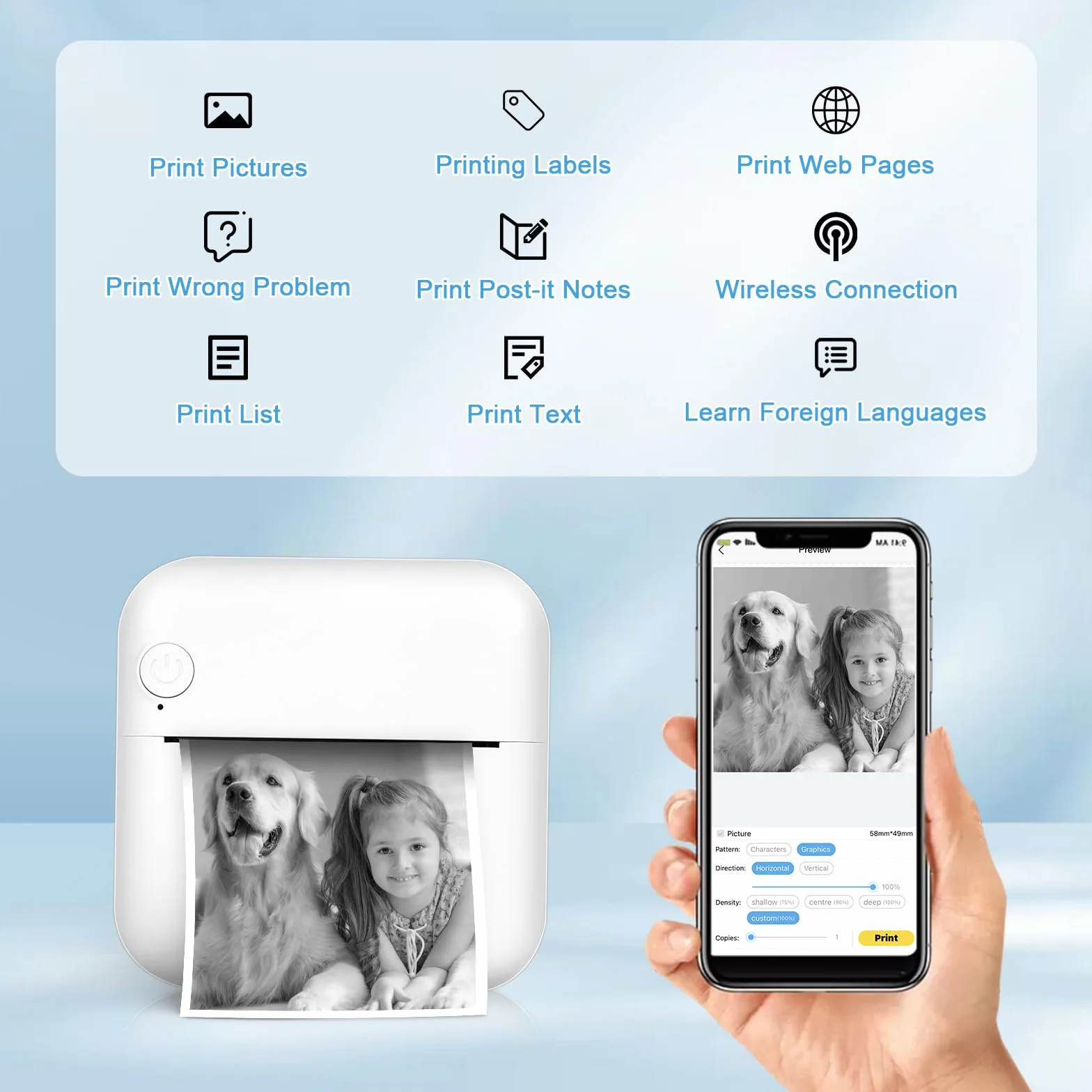 Imprimante Photo Portable sans Fil BT, Mini Imprimante Thermique Instantané, pour Photos et Étiquettes