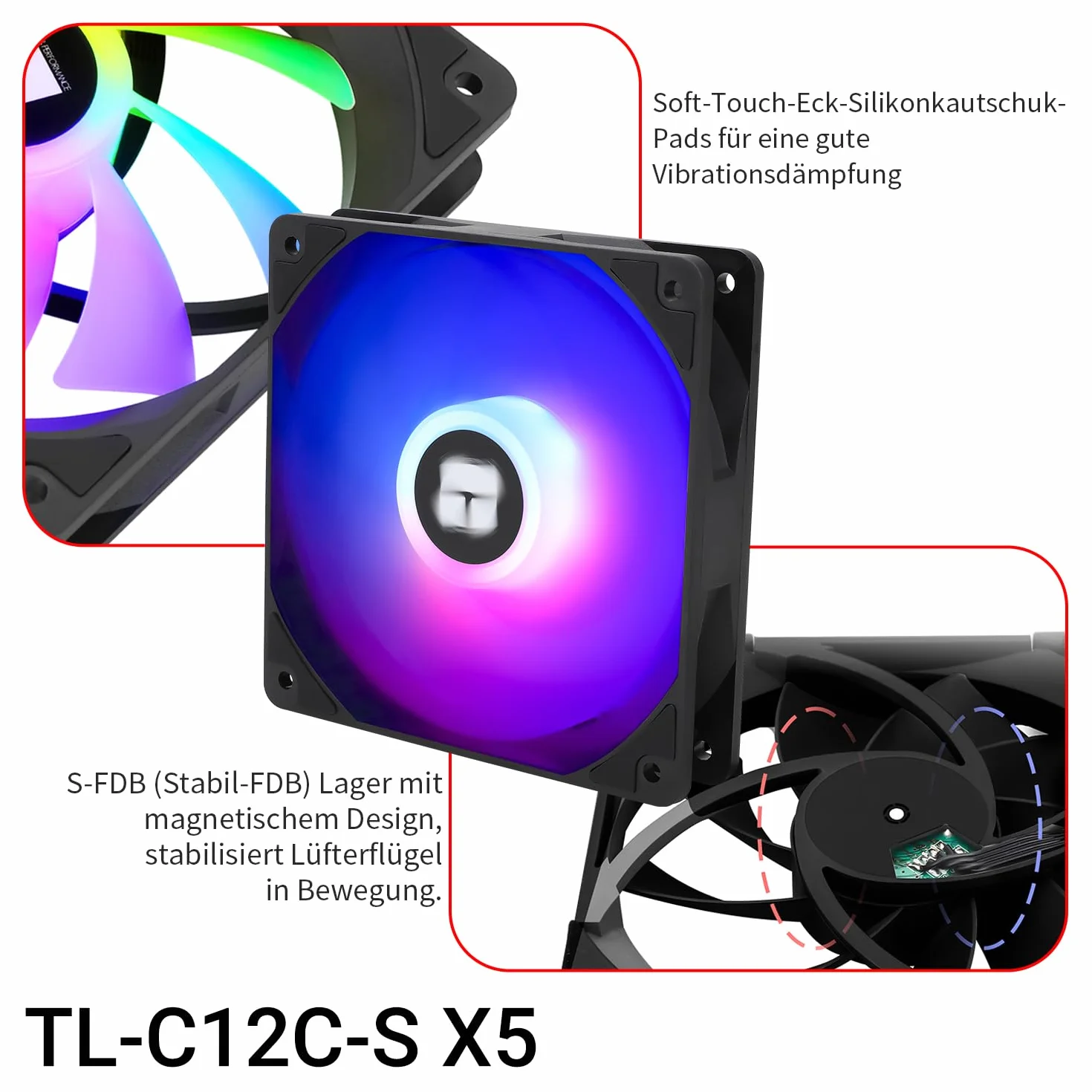 TR-Thermalright TL-C12C-S X5 120 mm CPU PWM ARGB wentylator, 1550 RPM Silent Cooling, czarny wentylator CPU, 5 sztuk, można sparować z obudową / chłodnicą procesora