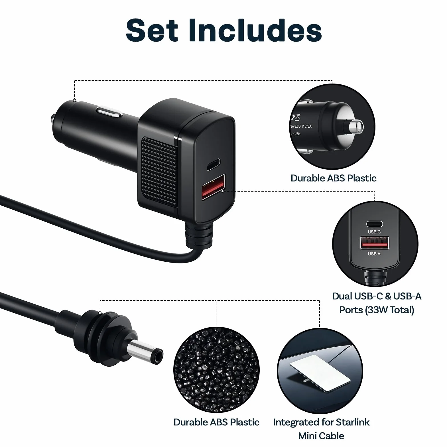 Adapter Samochodowy do Starlink Mini od MMOBIEL – Ładowarka USB do Gniazda Zapałniczki 12V–24V DC – Wytrzymały Kabel 3M (60W), Podwójne Porty USB-C i A (33W), Wyświetlacz Napięcia LCD – Dla Pojazdów