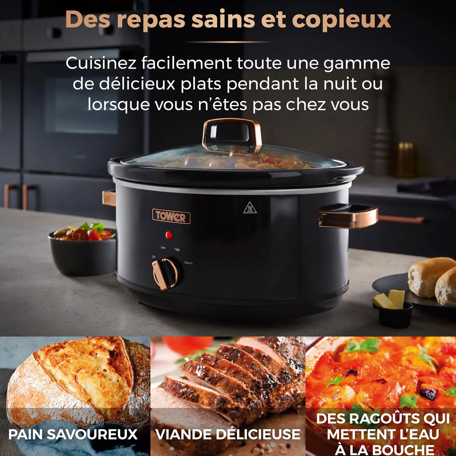 Tower T16019RG Infinity Mijoteuse Électrique - Mijoteuse - Poêle Électrique avec 3 Réglages de Chaleur et Fonction Maintien au Chaud - 6,5 L - 270 W - Noir et Or Rose
