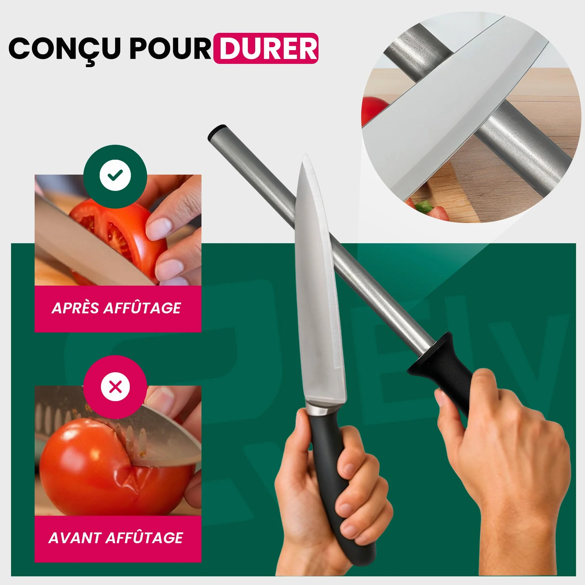 Fusil à aiguiser diamant professionnel 25 cm - aiguiseur couteaux pro - compatible tous couteaux de cuisine
