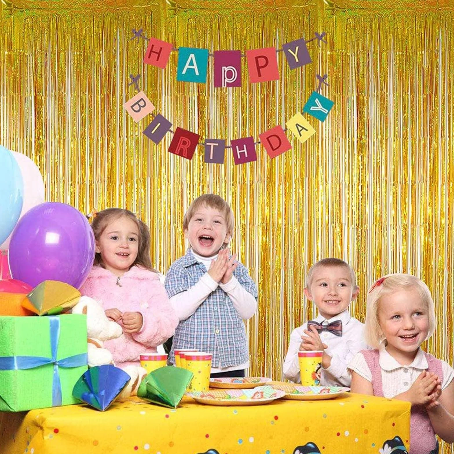 Rideau Frange Anniversaire 3 Pièces 1x3m Décoration Fête Paillette Jaune Doré