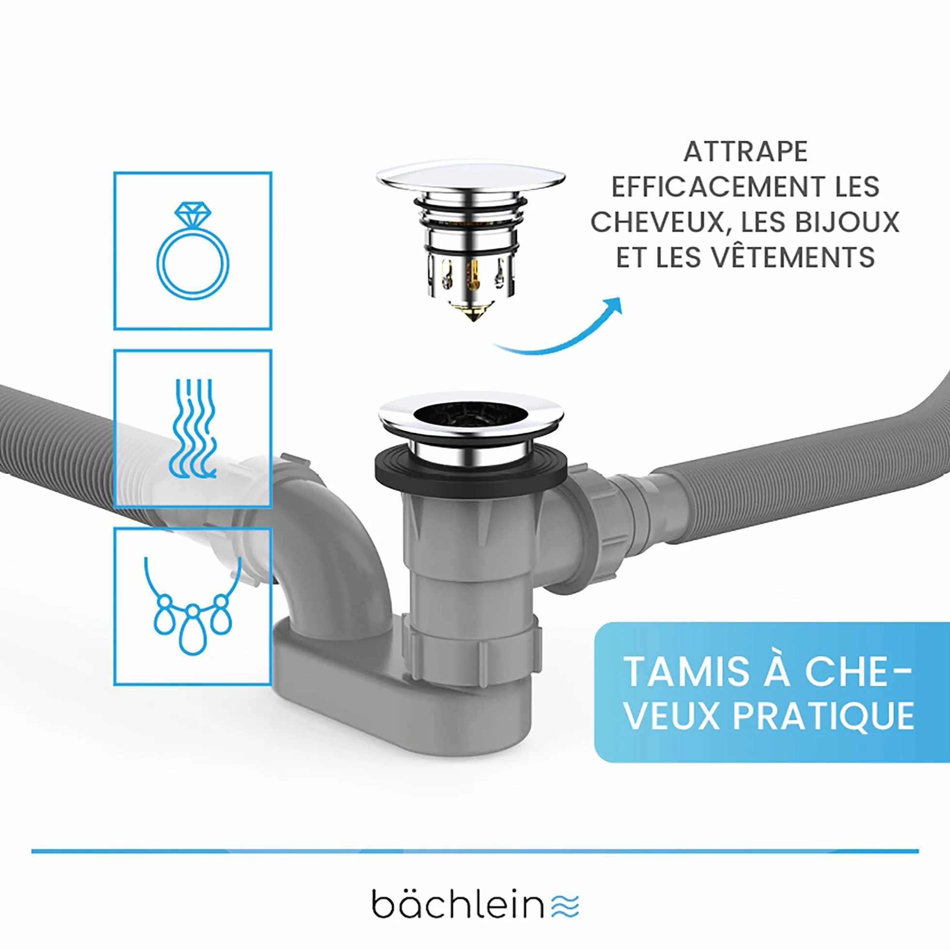 Bächlein Bonde pop-up pour baignoire avec tamis, kit complet trop-plein flexible et siphon