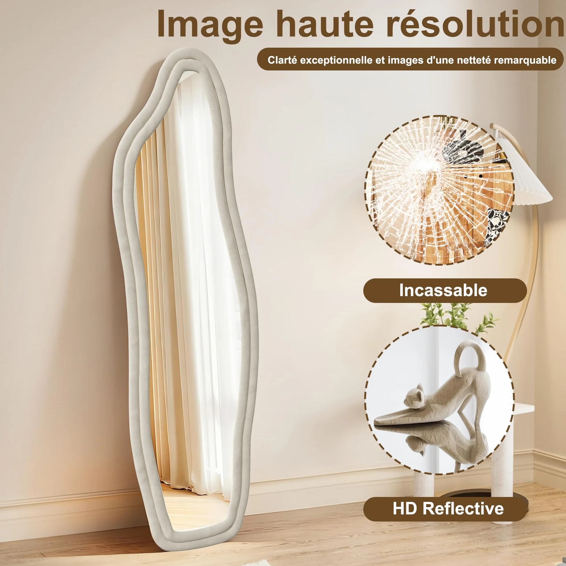Miroir sur Pied 160 x 50cm Blanc Vague Bordure Velours Suspendable Chambre