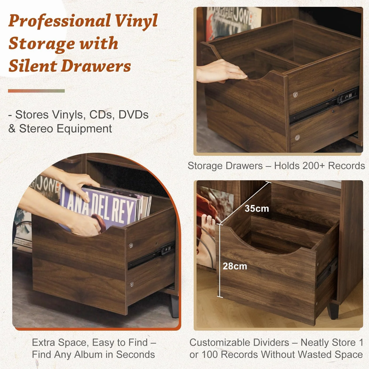 Bikoney Meuble Platine Vinyle avec Présentoir et 2 Tiroirs – Support en Bois et Meuble TV, Porte Vinyle pour Toutes Les Platines et Enceintes, Rangement pour Salon ou Chambre