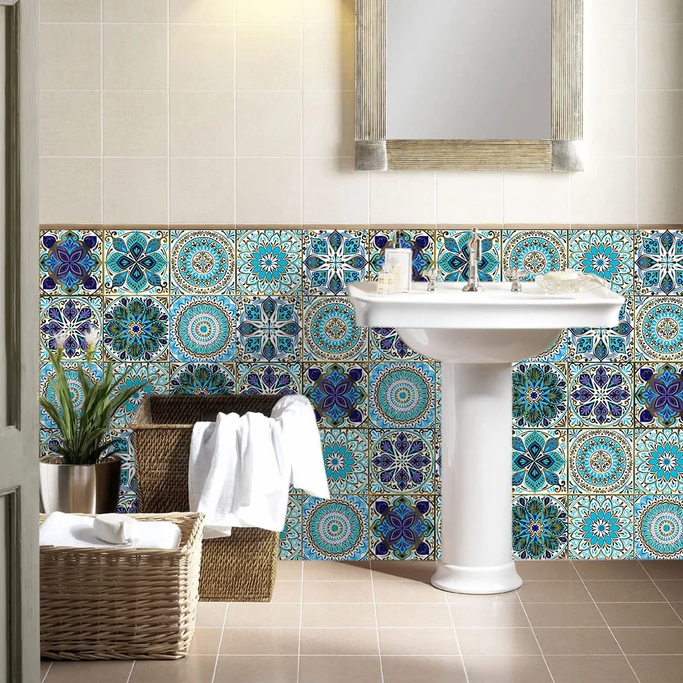 Autocollants Carrelage Salle de Bain Cuisine 15x15 cm PVC imperméable Mosaïque Azulejos Bleu