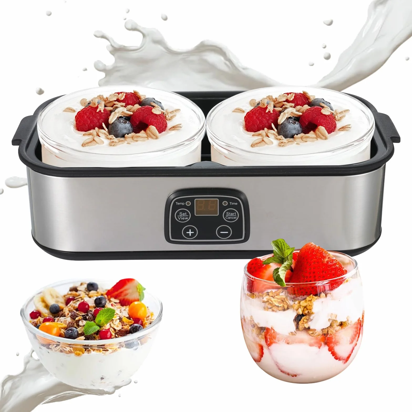 Yaourtière 2 litres Machine à yaourt numérique automatique avec 2 verres, yaourtière avec minuterie et contrôle de la température, yaourtière pour yaourt grec, fromage, natto, vin de riz, argent, 2 l