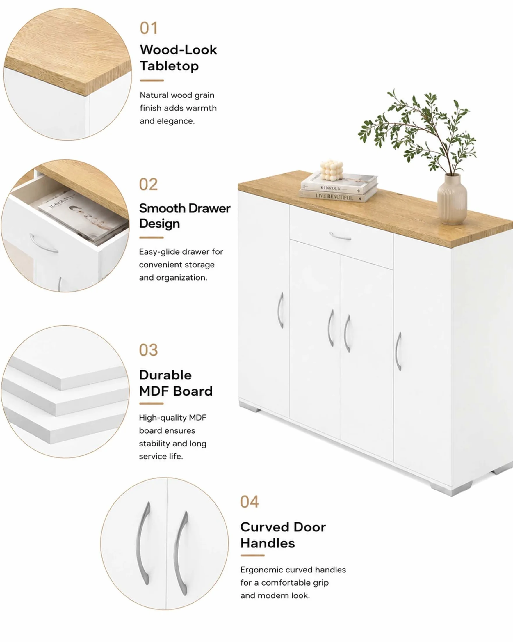 Meuble Cuisine Rangement Plan de Travail Cuisine Buffet Cuisine Blanc 110 x 30 x 70 cm avec Tiroir et 4 Portes Meuble Bas Cuisine Meuble Rangement Cuisine Salle à Manger Salon Armoire