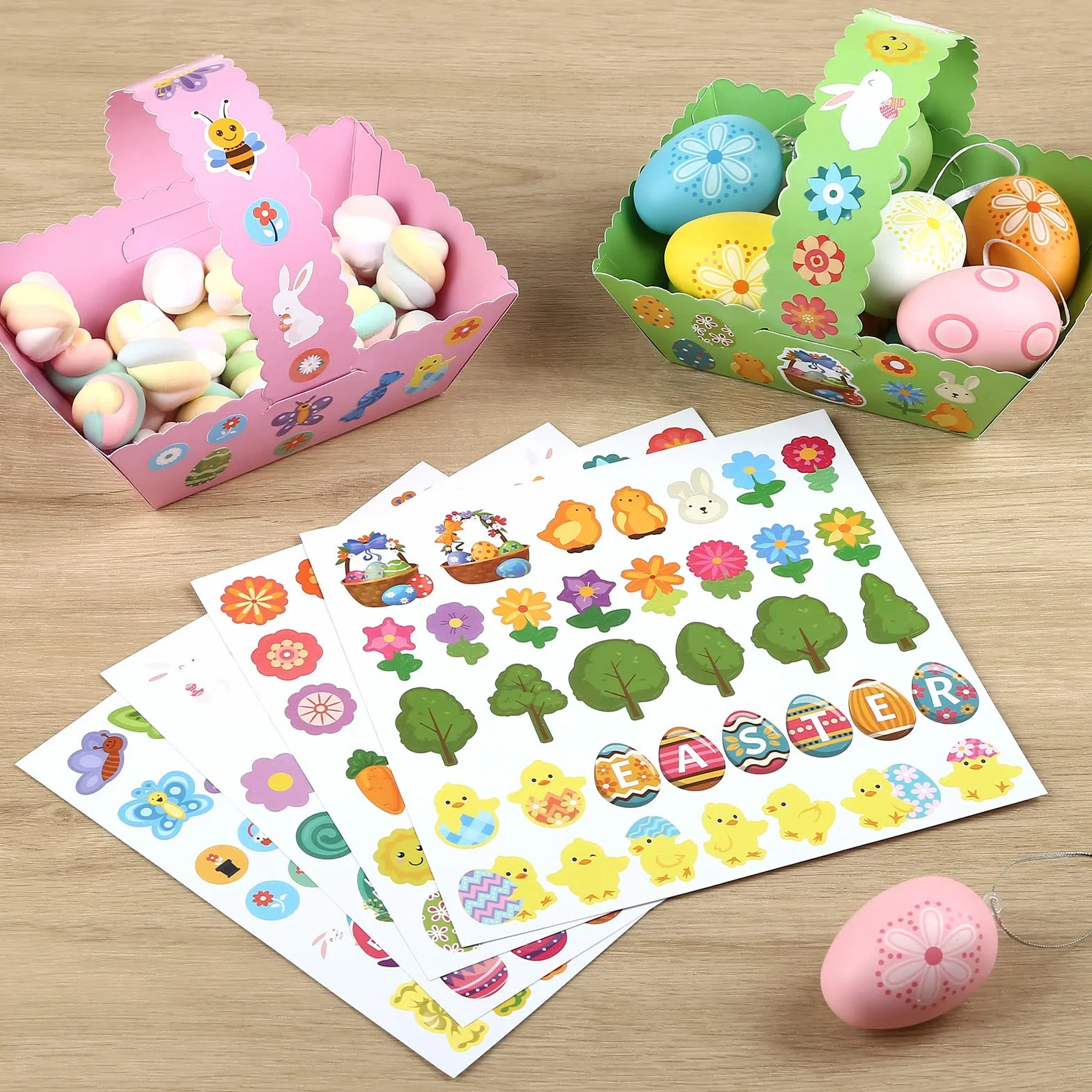LIHAO 12 Paniers de Pâques en Papier à Assembler avec Autocollant, Kit Chasse aux Oeufs pour Enfant
