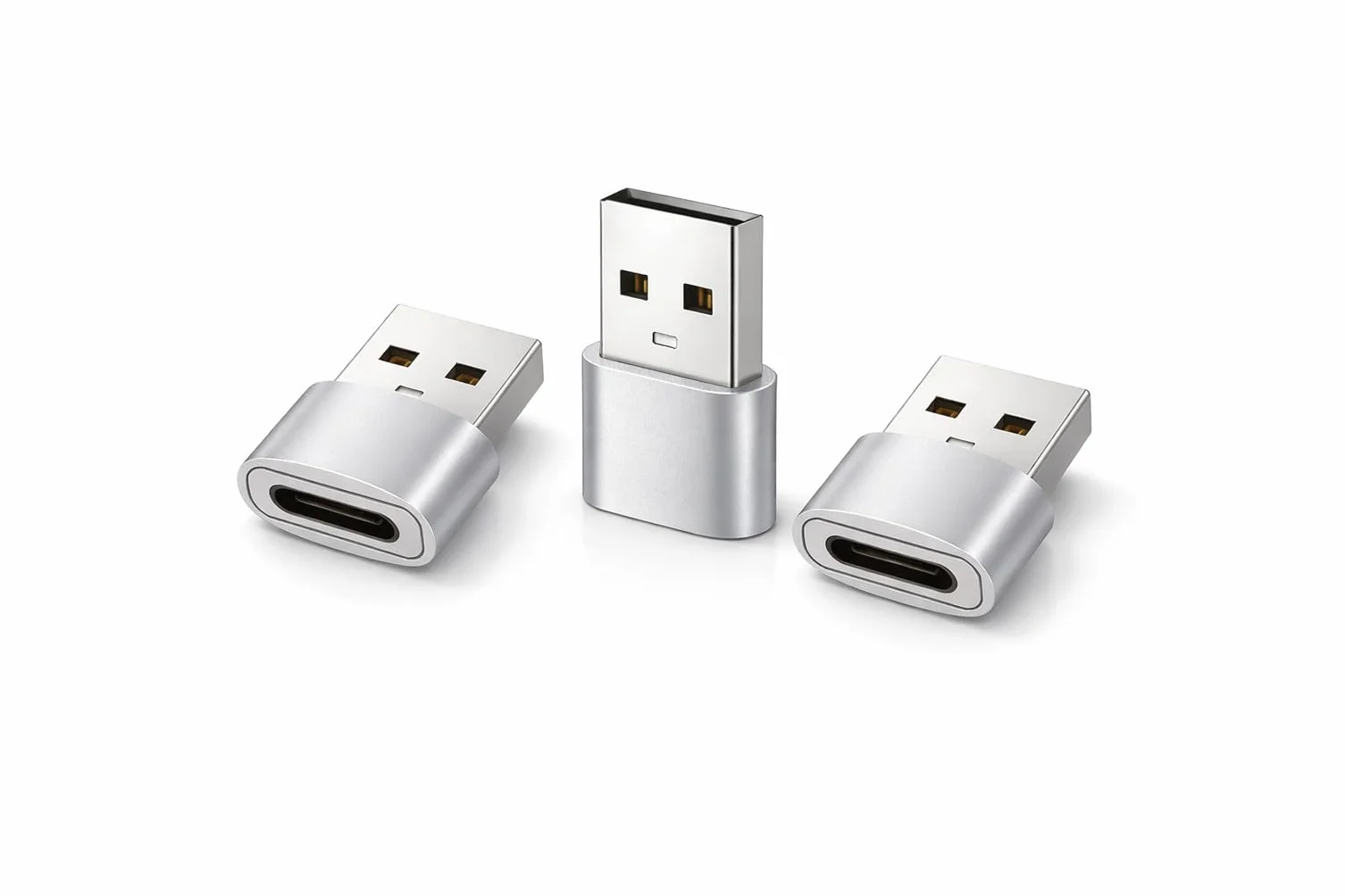Pack de 3 Adaptateurs USB-A vers USB-C Argent Compatible Apple iPhone 15/16/17 iPad AirPods Samsung Galaxy S23/S24/S25 Charge Rapide