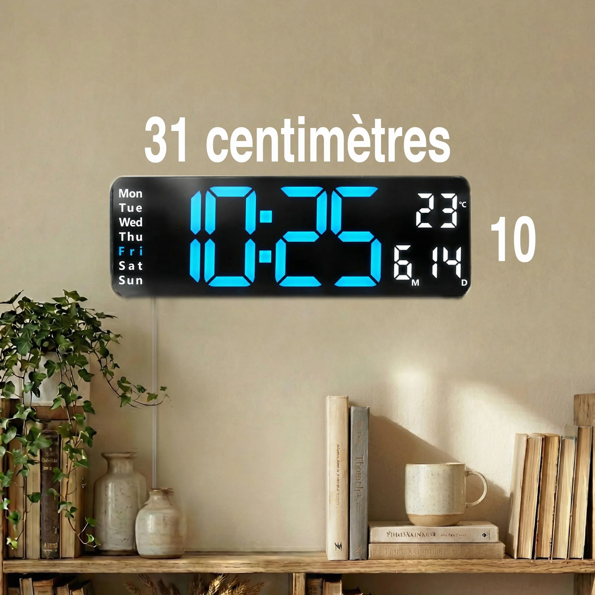 Horloge Numérique Murale Grand Affichage Chiffres LED Lisibles Silencieuse Bleu/Blanc